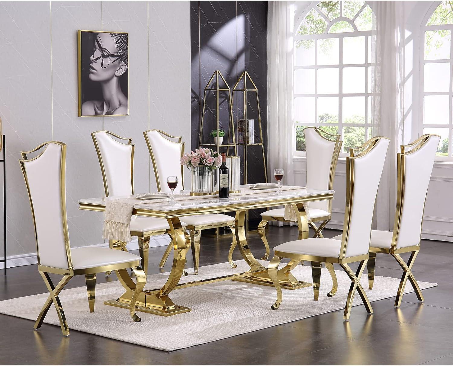 White Faux Leather High Back Dining Chairs with Gold Metal Legs, Set of 2