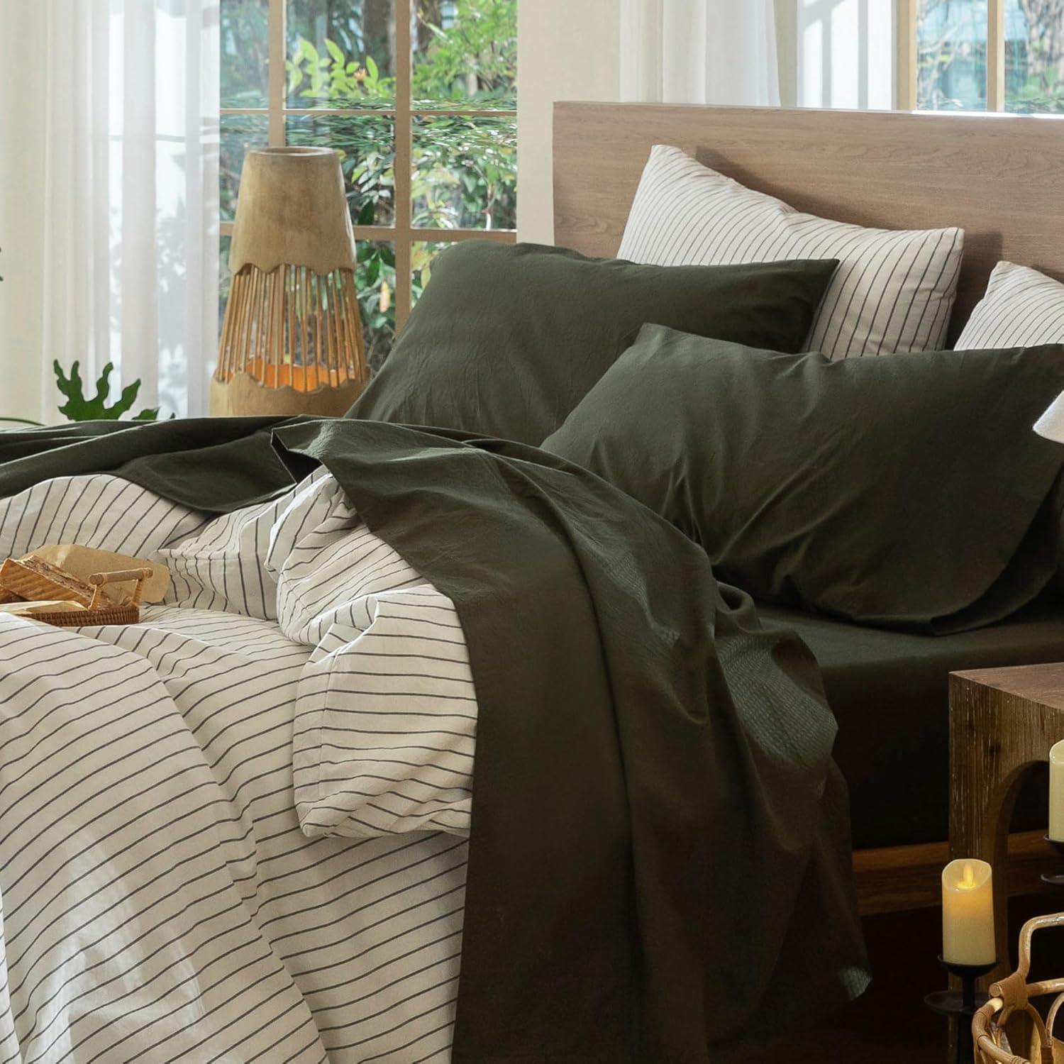MOOMEE 100% Washed Cotton Linen Like Textured Duvet Cover Set