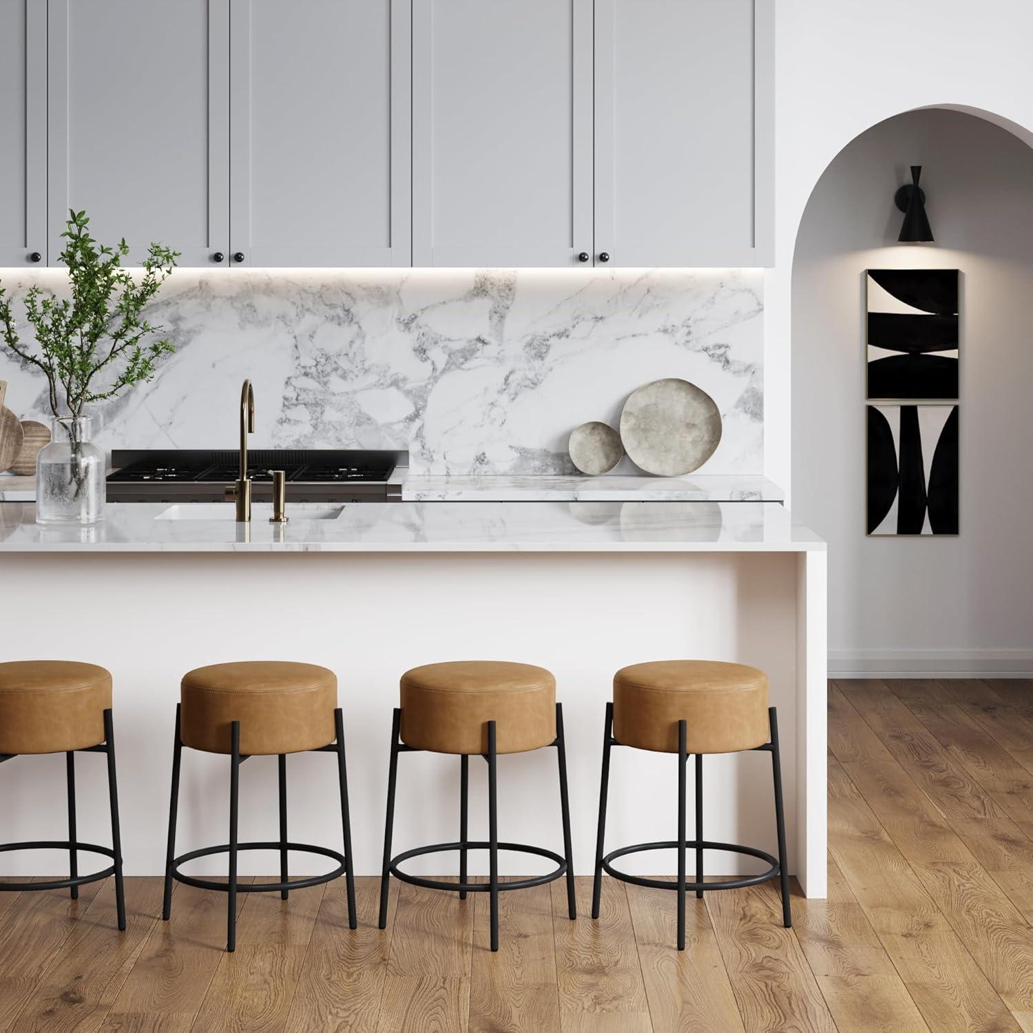 Nathan James Set of 4 Isaac Backless Barstools Brown Faux Leather
