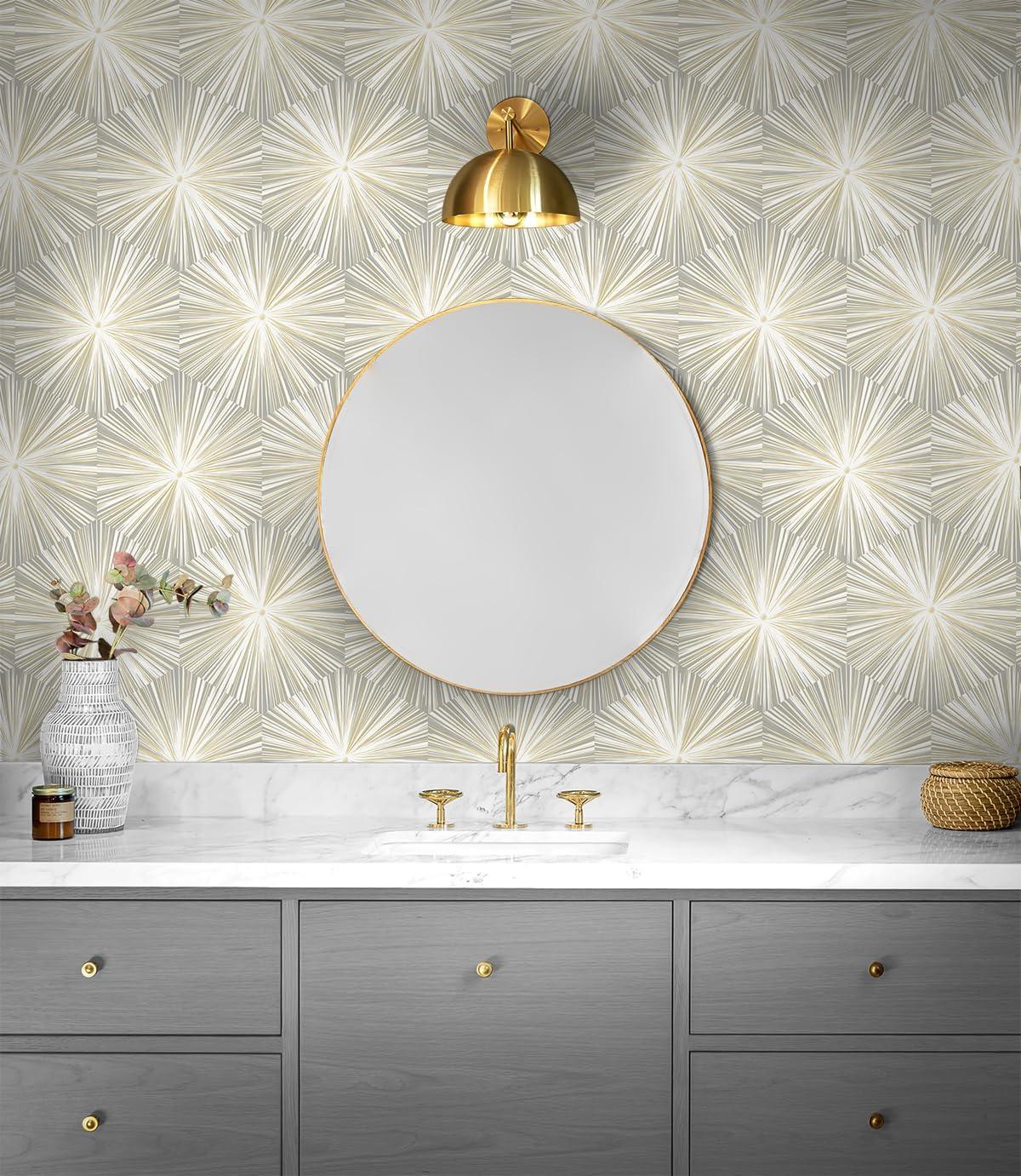 NextWall Grey & Metallic Gold Hex Starburst Peel and Stick Wallpaper