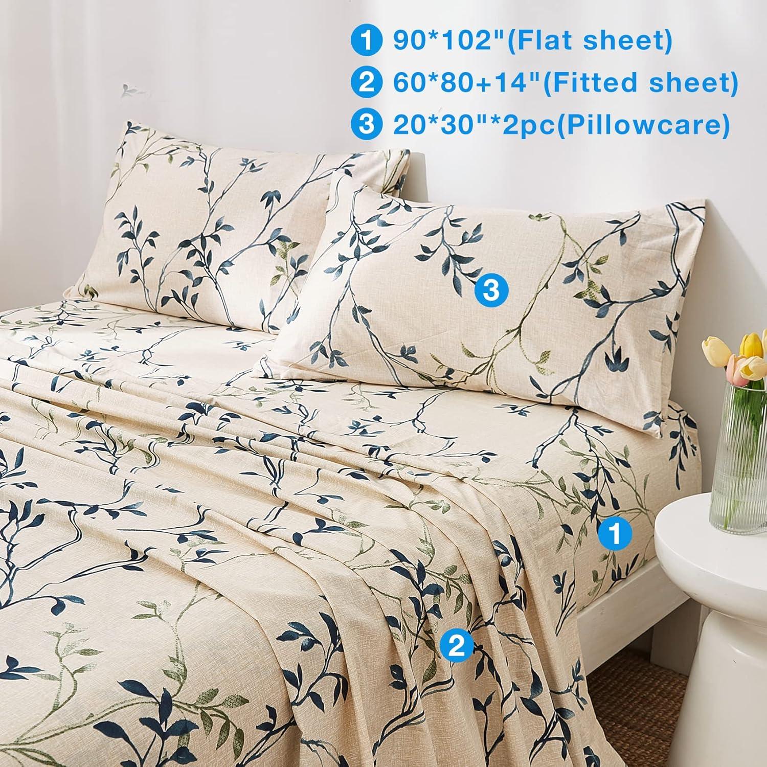 Queen Beige and Blue Botanical Print Microfiber Sheet Set