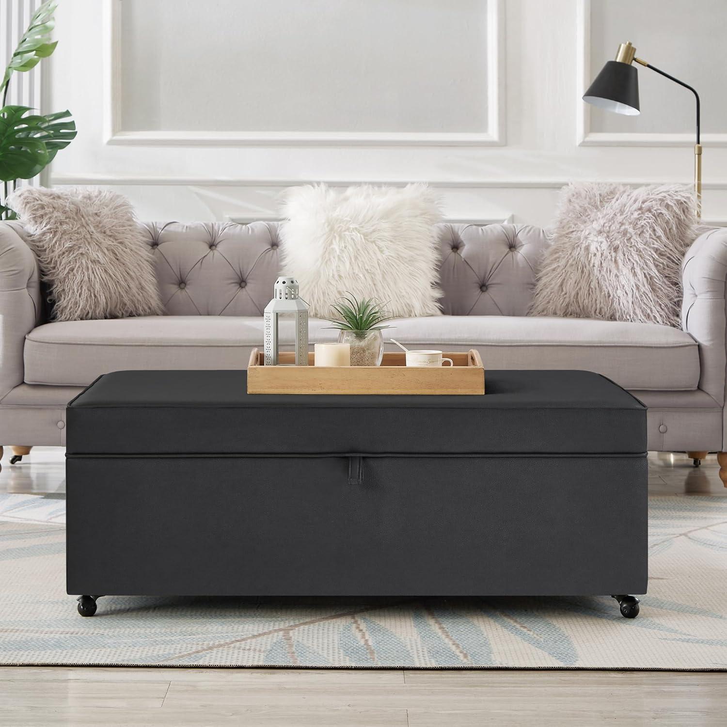 Dark Gray Faux Leather Storage Ottoman Bench with Wheels
