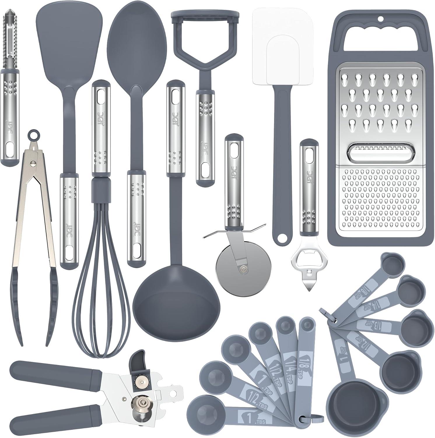 Lux Decor Collection 23 Pieces Cooking Utensils Set, Kitchen Utensils Sets of Nylon and Stainless Steel Utensils Set Pack of 1, Gray Utensils Set