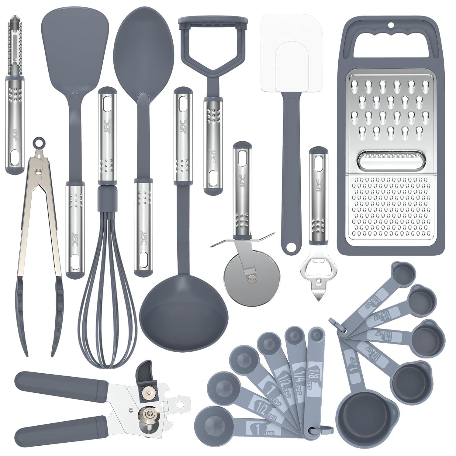 Lux Decor Collection 23 Pieces Cooking Utensils Set, Kitchen Utensils Sets of Nylon and Stainless Steel Utensils Set Pack of 1, Gray Utensils Set