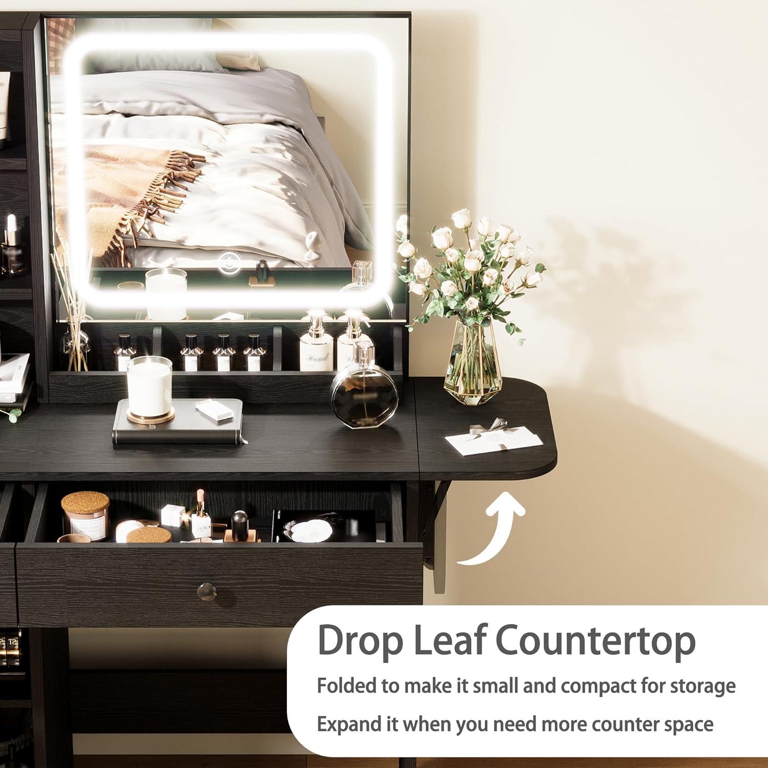 Black Iron Vanity Desk with LED Mirror and Storage Bench