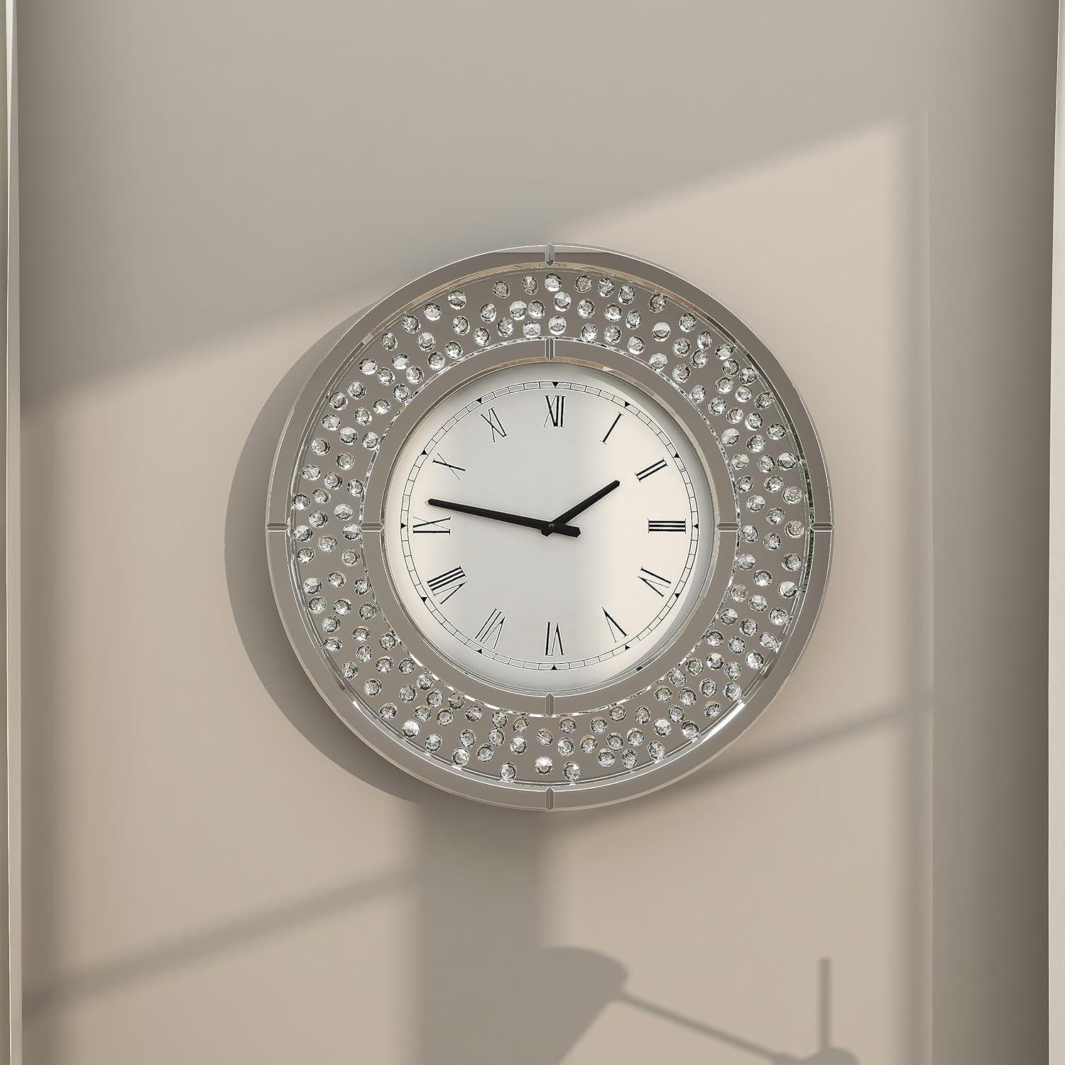 Rosdorf Park Ansonia Glass Mirrored Decorative White Wall Clock with Floating Crystals