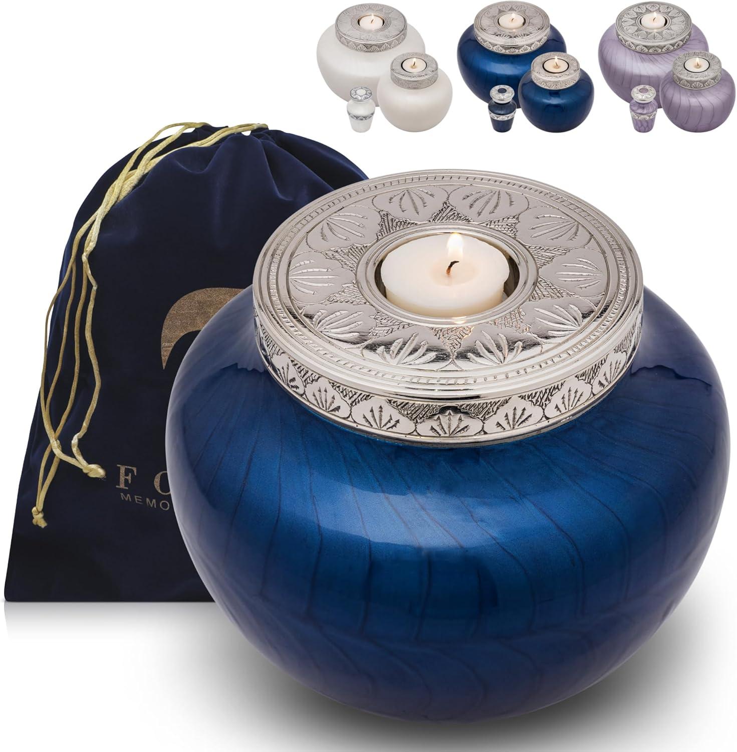 FOVERE – Mini Keepsake Urn for Human Ashes - Small Blue Cremation Urns with Elegant Silver Engraving – Holds a Small Portion of Ashes – 100% Handcrafted Decorative Urns for Human Ashes – Navy Blue