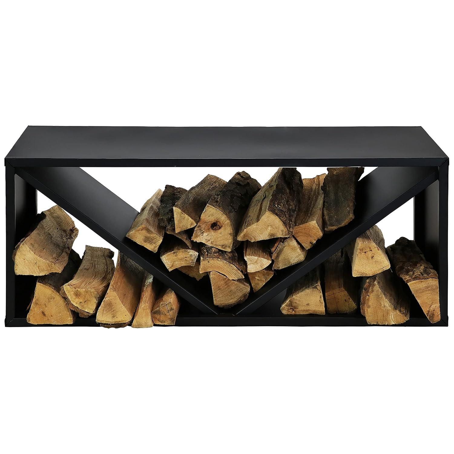 Sunnydaze Indoor/Outdoor Steel Triple Triangle Fire Pit or Fireplace Firewood Log Rack Storage Holder - 41" - Black
