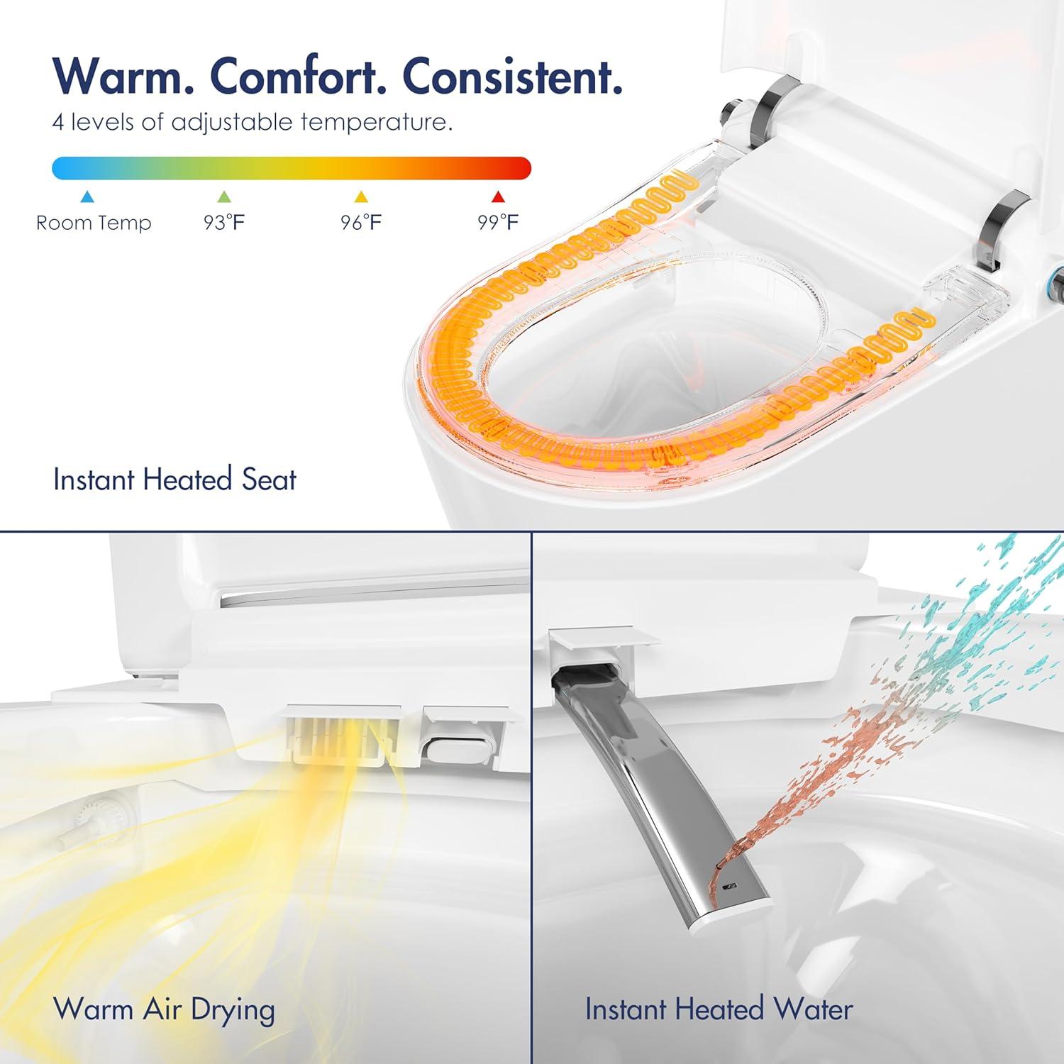 Smart Bidet Toilet with Heated Seat/Auto-flush/Air Dryer/LED-light, One Piece Bidet-Toilet with Remote Control/Auto Open&Close Lid