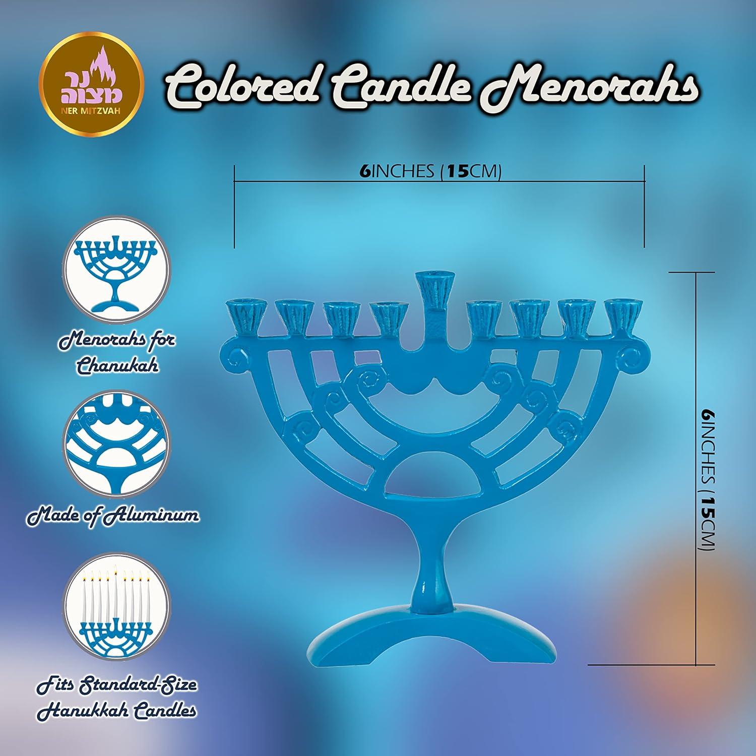 Ner Mitzvah, 6" Standard Size, Colored Rounded Hannukah Candle Menorah - Blue Color