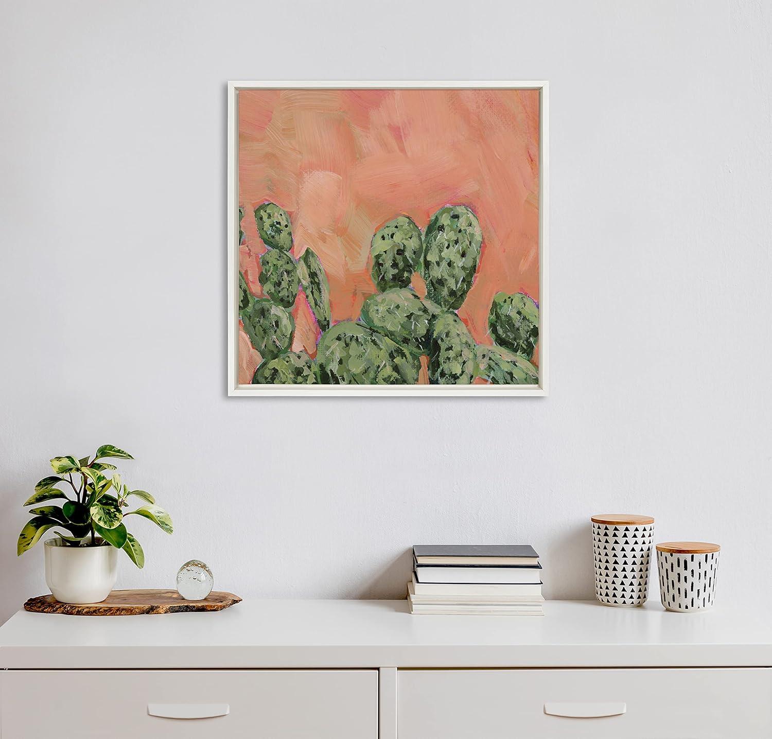 Kate and Laurel Sylvie Cactus Framed Canvas Wall Art by Emily Kenney, 22x22 White, Colorful Southwest Wall Art