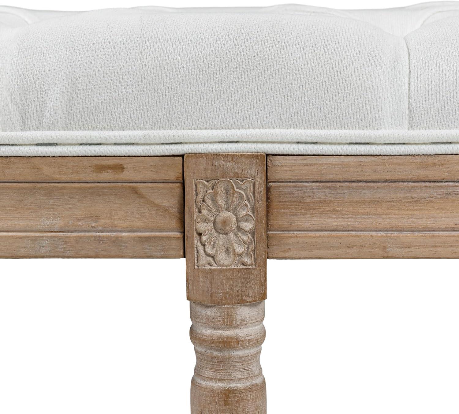 HOMCOM French Vintage Style End of Bed Bench, Linen Upholstered Bench with Thick Padded Seat and Wood Legs, Tufted Bedroom Bench, Cream White