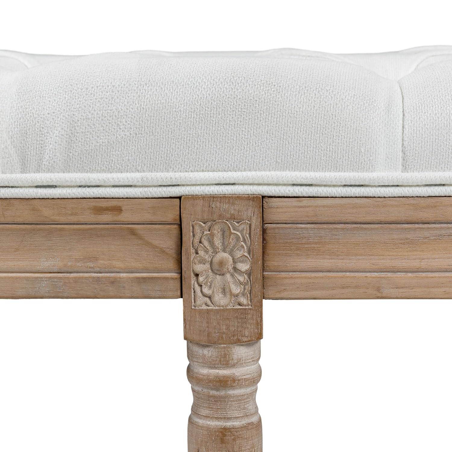 HOMCOM French Vintage Style End of Bed Bench, Linen Upholstered Bench with Thick Padded Seat and Wood Legs, Tufted Bedroom Bench, Cream White