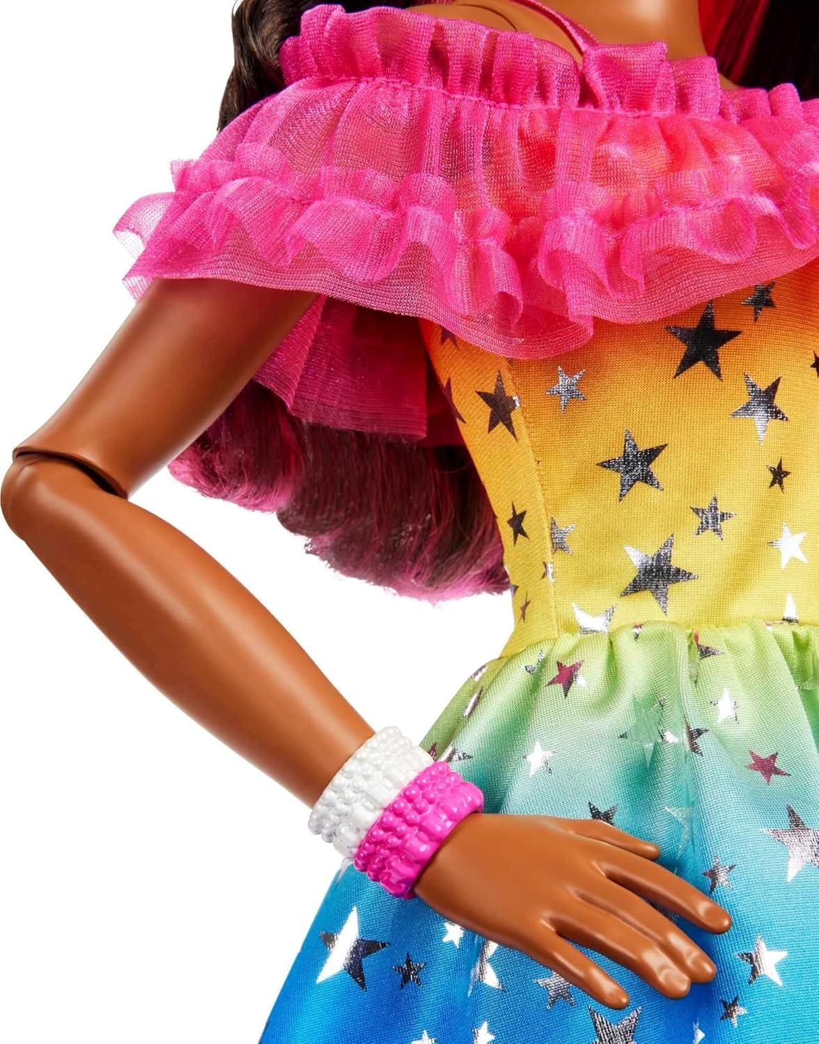 Barbie Large Doll, Dark Brown Hair, 28 Inches Tall with Rainbow Dress & Styling Accessories Like Shooting Star Handbag