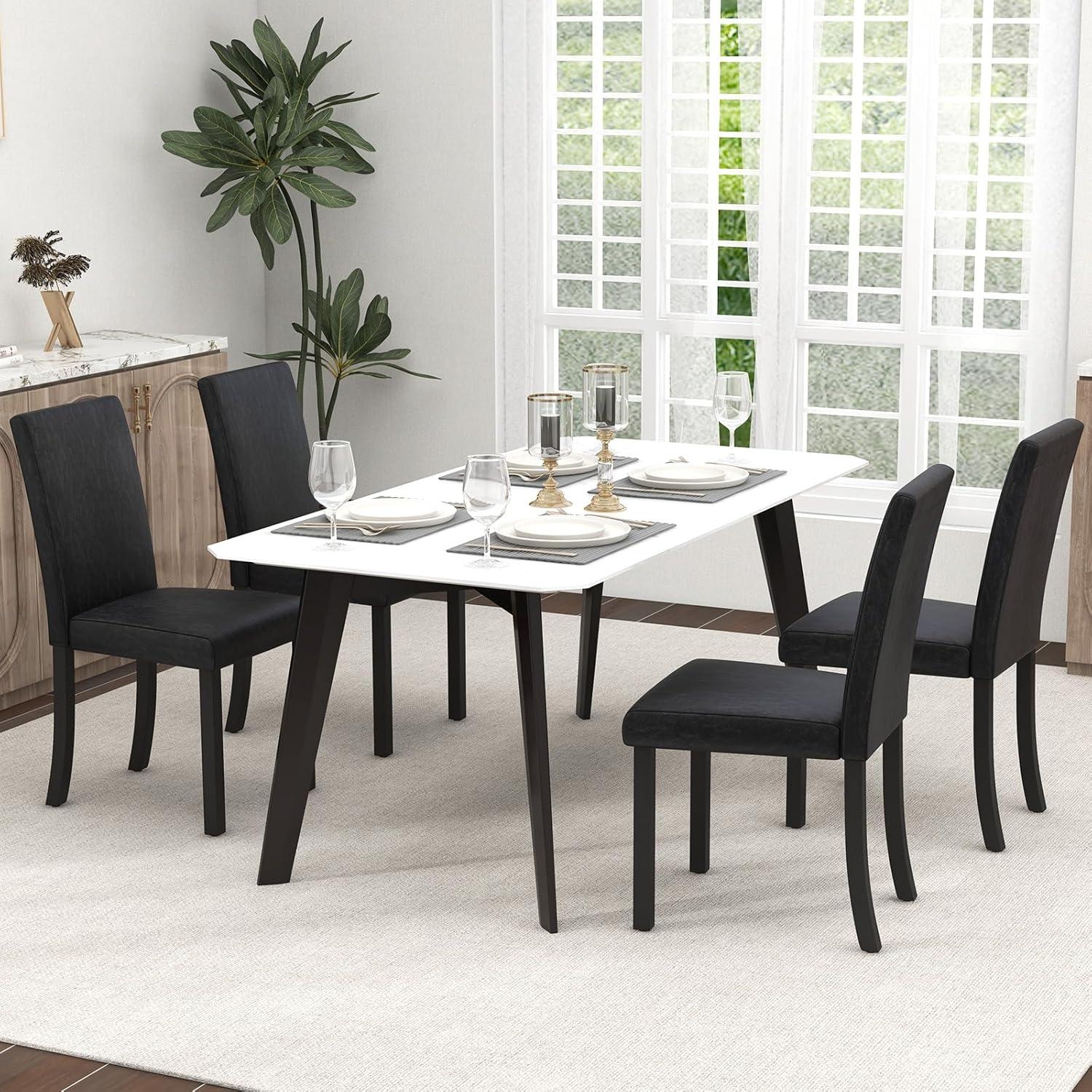 Tangkula Dining Chair Set of 4 w/ Acacia Wood Frame & Rubber Wood Legs Padded Backrest Black