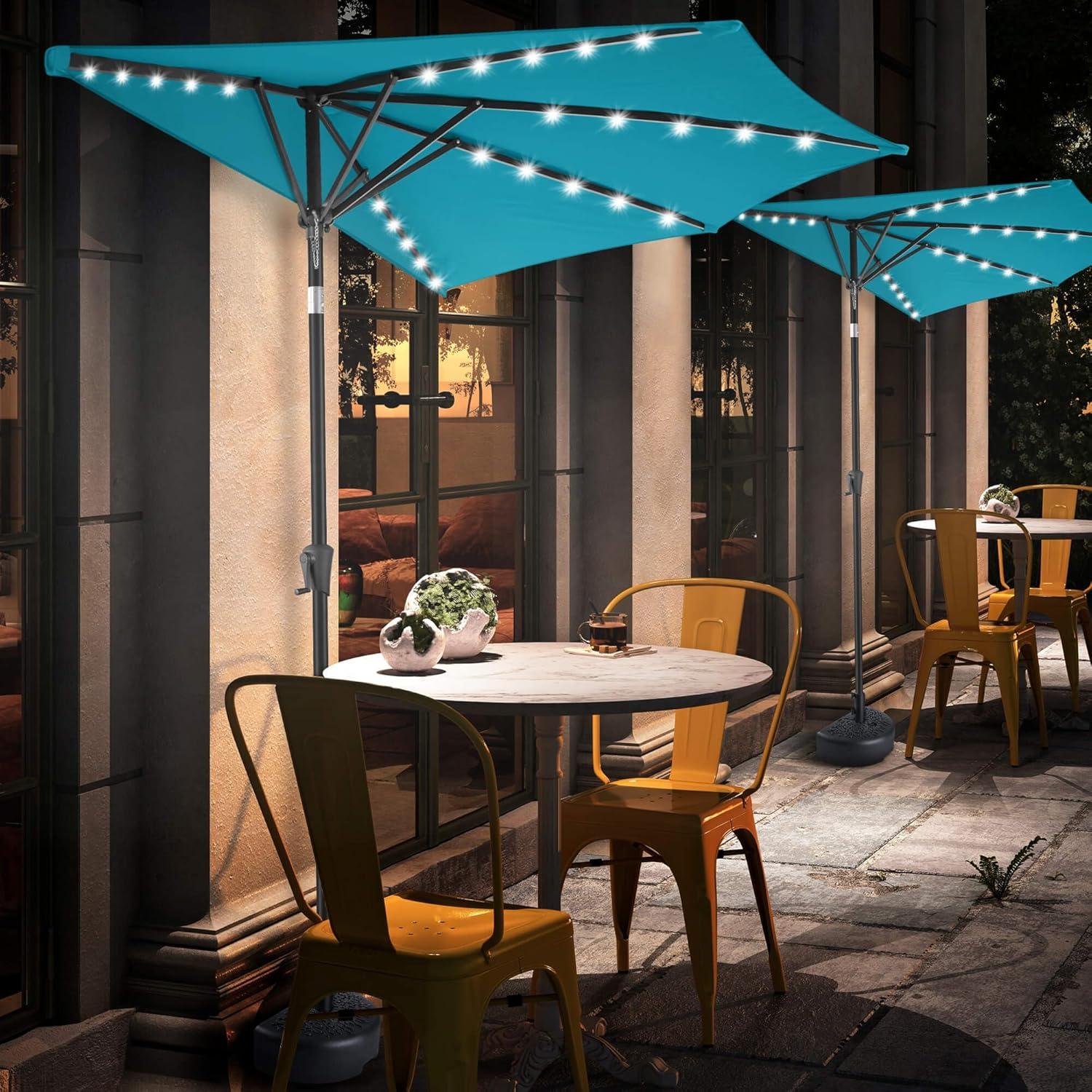 FLAME&SHADE 9 ft Half Round Solar Powered Outdoor Market Patio Table Umbrella for Wall Balcony with LED Lights and Tilt, Aqua Blue