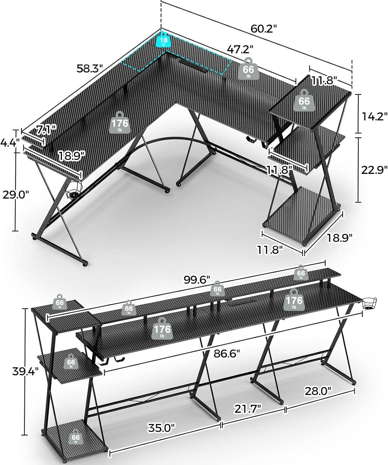 SEVEN WARRIOR L Shaped Gaming Desk with LED Lights & Power Outlets, 58” Reversible Computer Desk with Storage Shelf & Monitor Stand, Corner Desk with Cup Holder, with Headphone Hook, Black