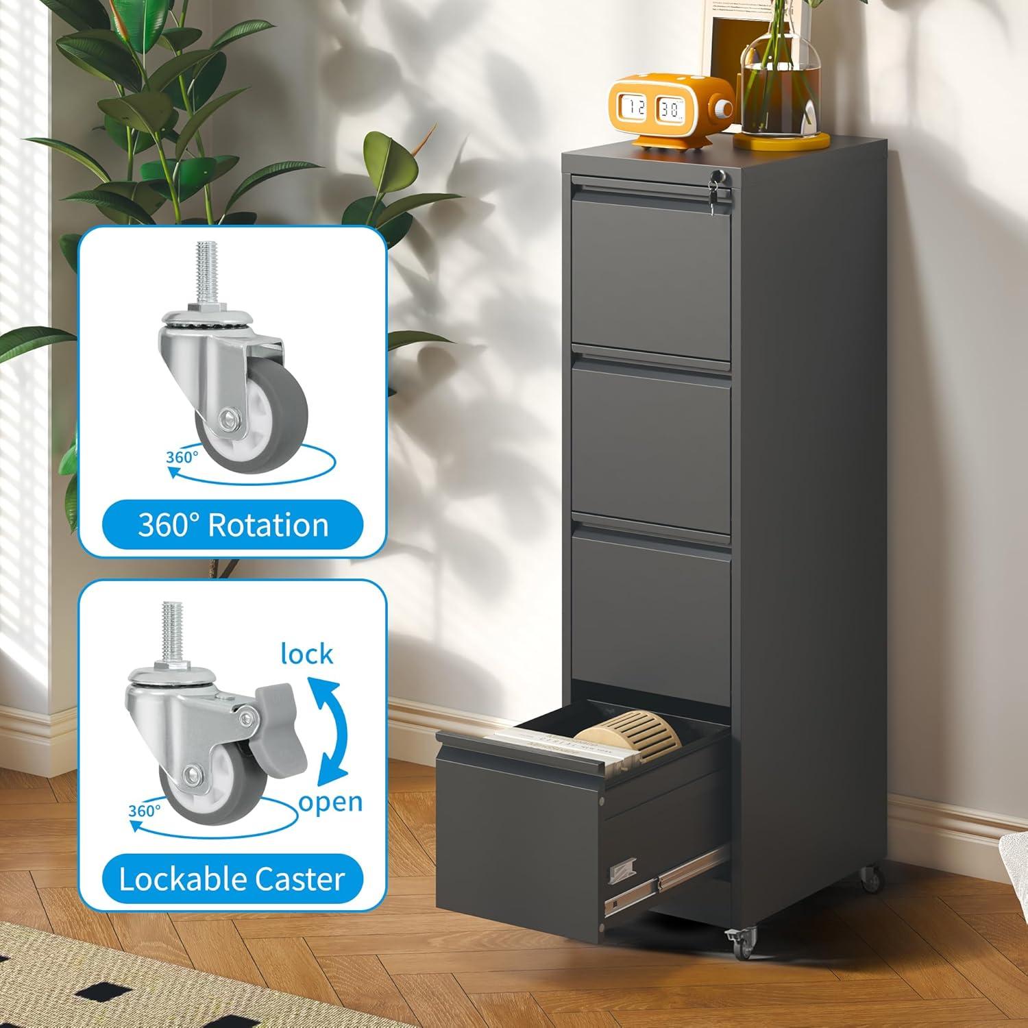 MIIIKO File Cabinet 3 Drawers on Wheels Under Desk, Black Metal Rolling File Cabinets with Lock for Home Office, Un-Assembled Filing Cabinet with Lock