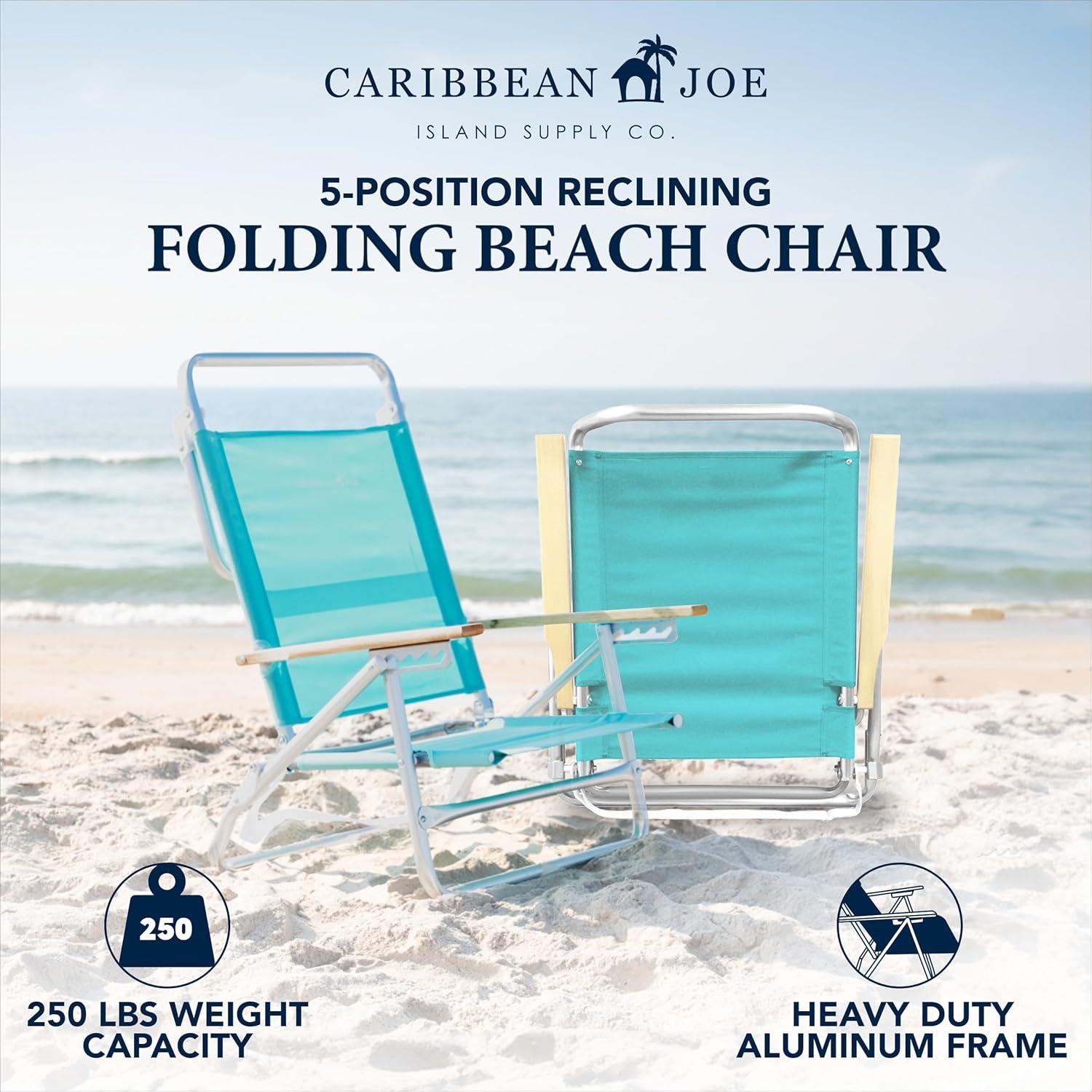 Caribbean Joe 5 Position Folding Beach Chair, Teal, Towel Bar, Full Recline