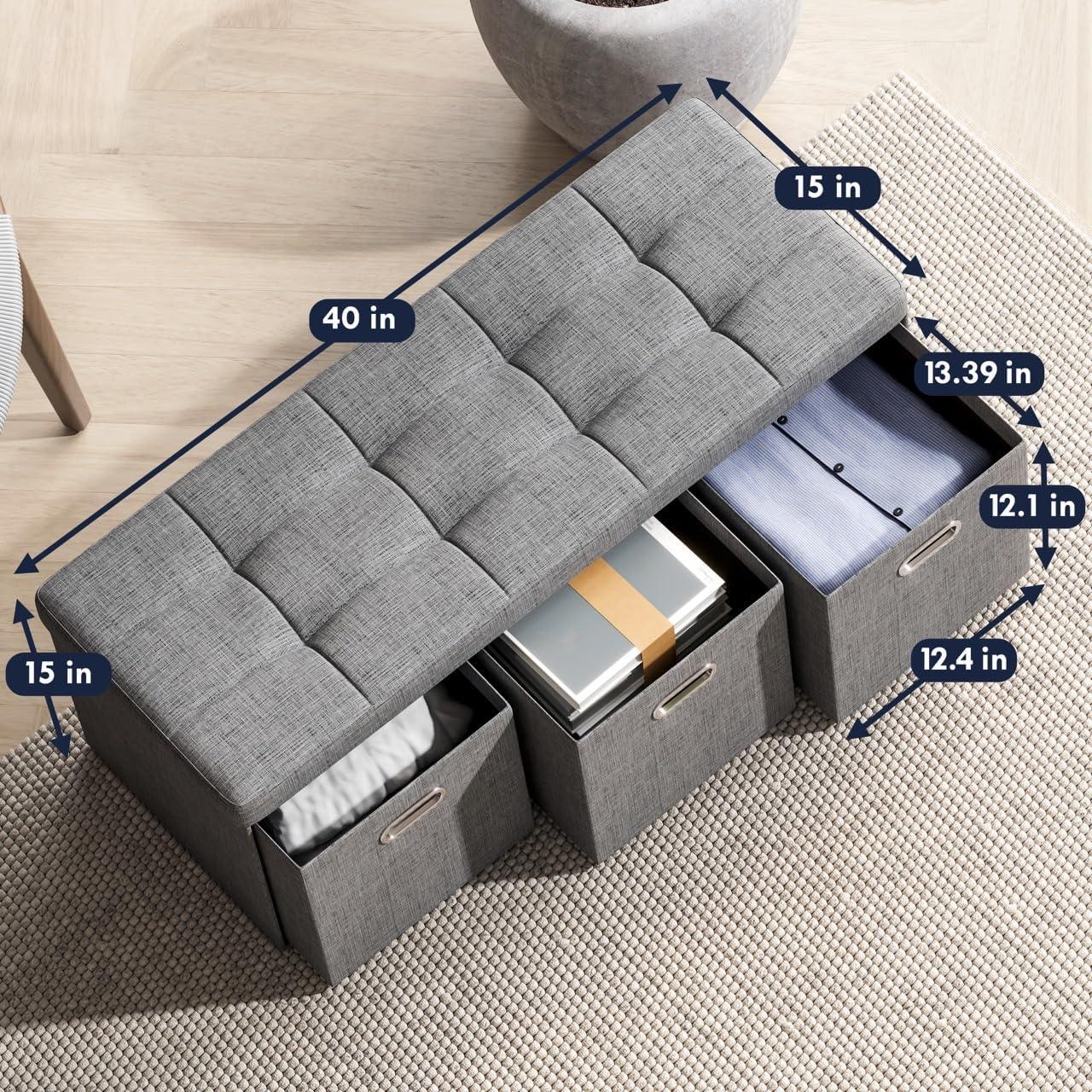 Ornavo Home Collapsible Large Storage Bench Ottoman with Drawers - 40" Inch - Charcoal Gray