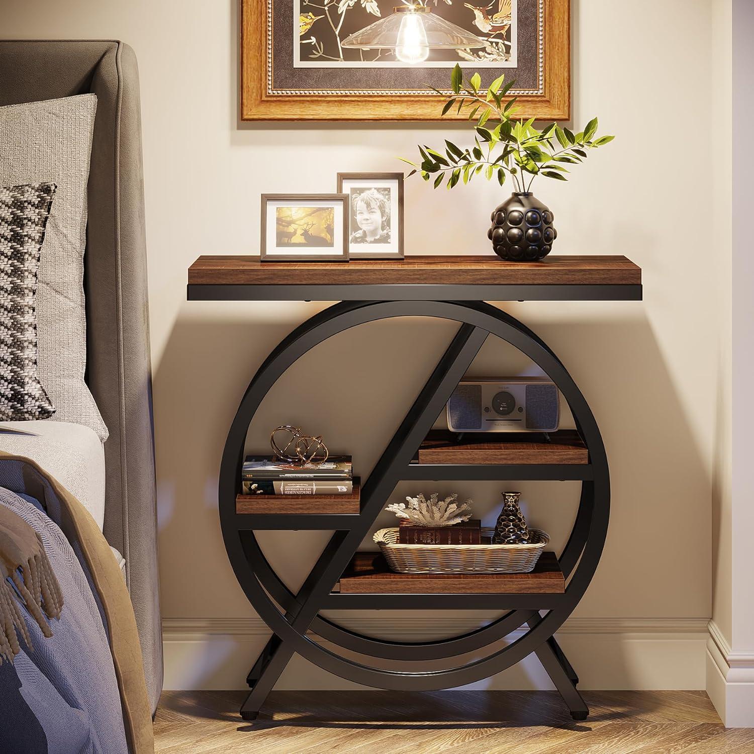 Rustic Brown Wood and Black Metal 3-Tier End Table with Storage