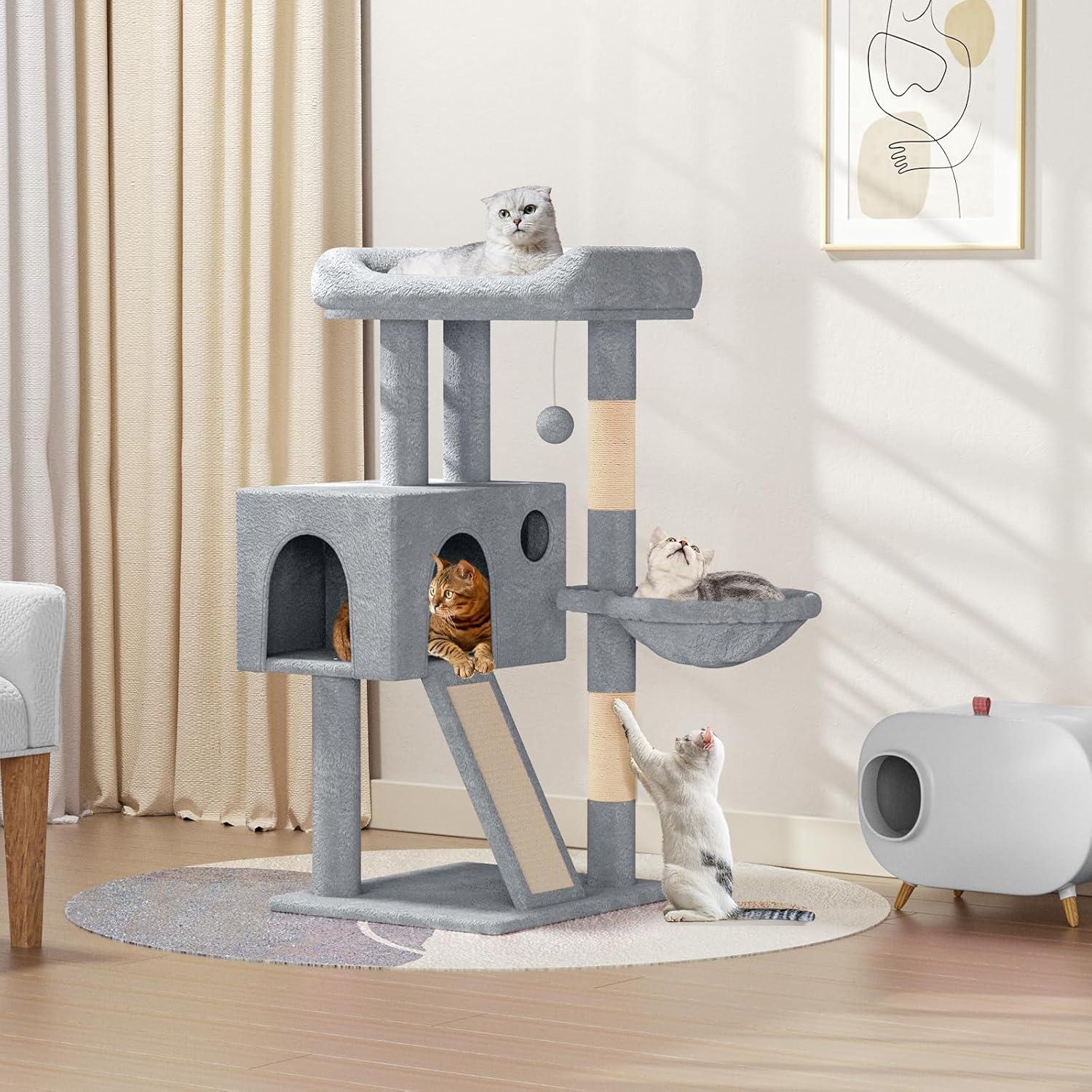 36" Small Cat Tower With Hammock, Sisal Scratching Posts, And Ramp, Perfect For Indoor Cats