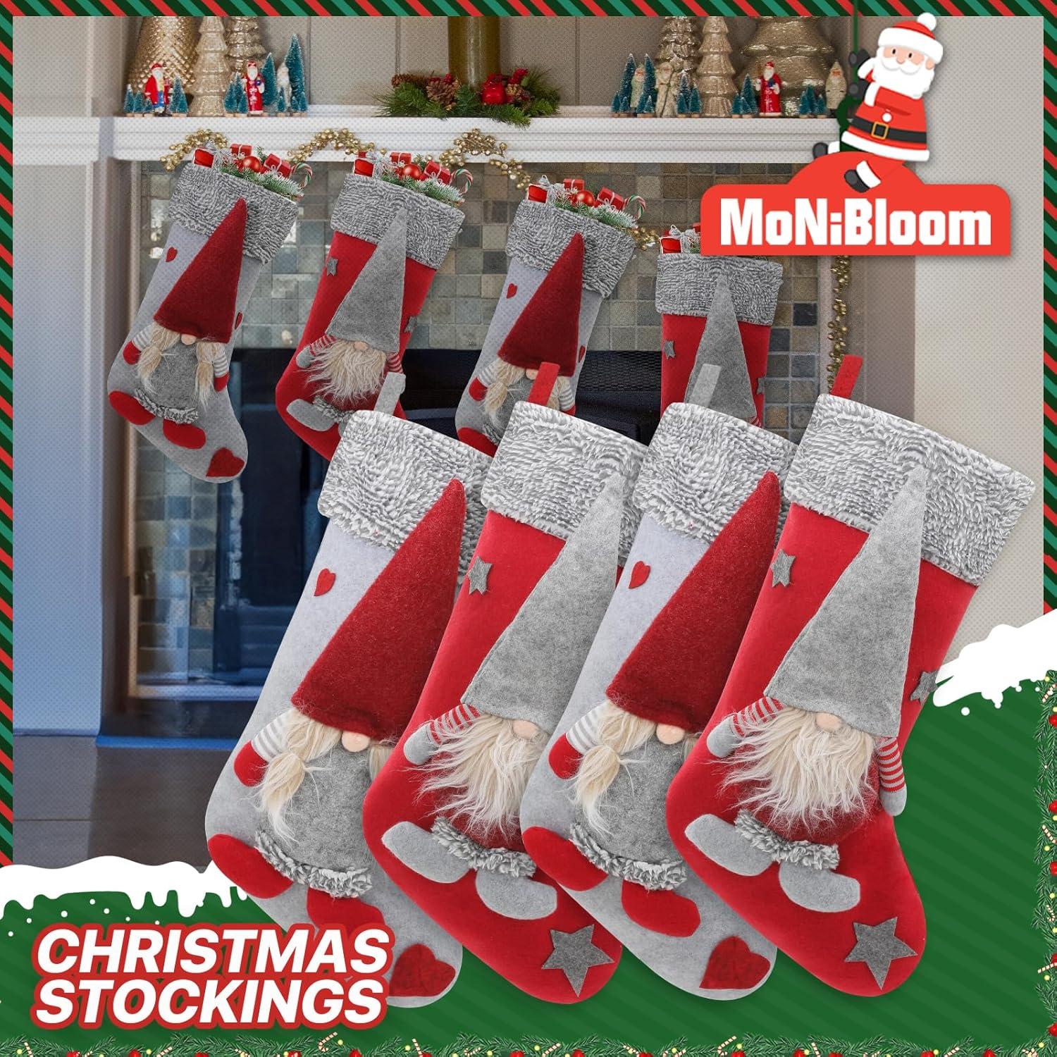 MoNiBloom 4 pack 3D Christmas Stockings with Whimsical 3D Santa Characters, Classic Red and Grey Fireplace Hanging for Family Holiday Xmas Party Decorations