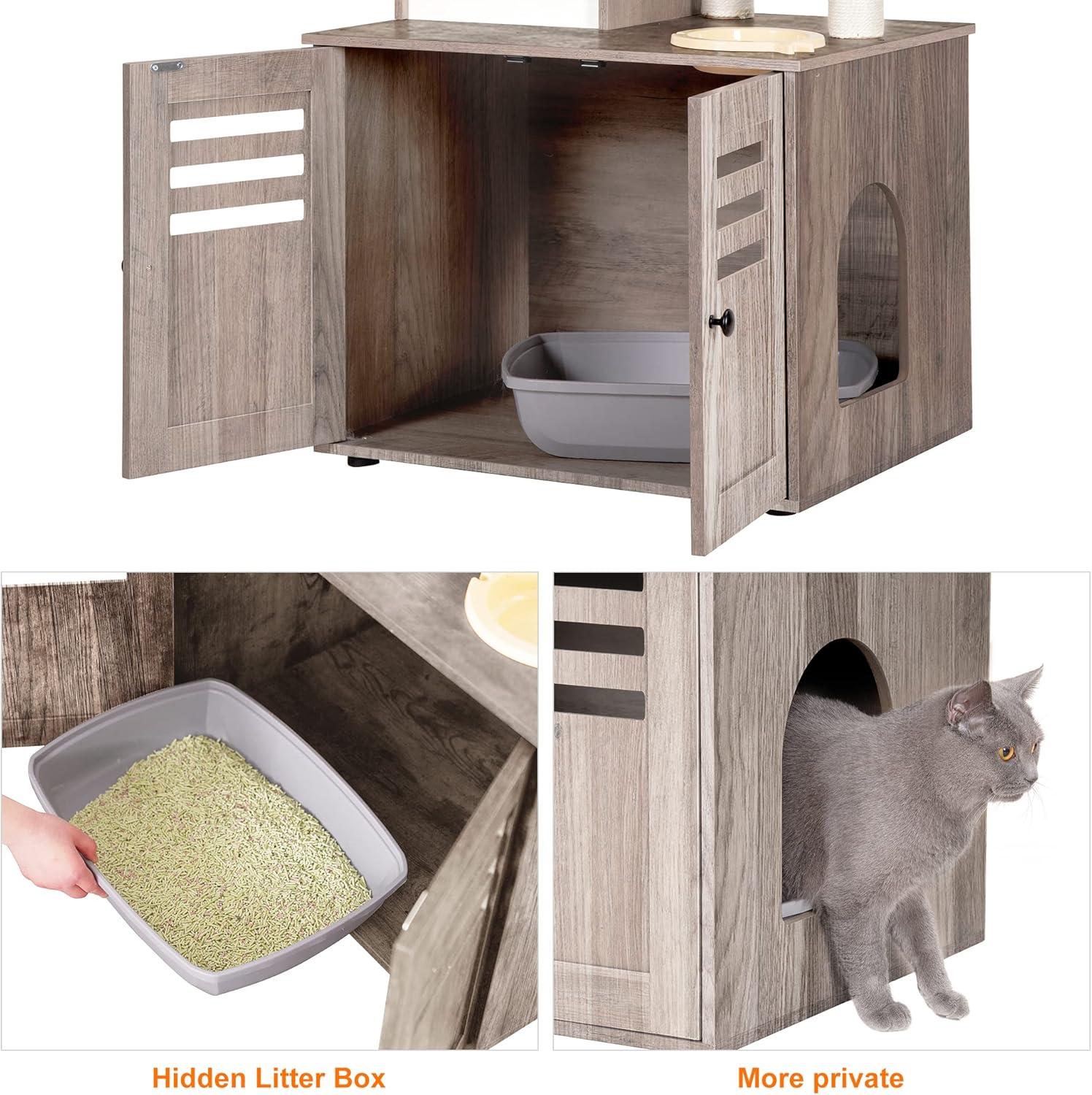 Wood Litter Box Enclosure with Food Station, All-in-one Indoor Cat Furniture with Large Platform and Condo