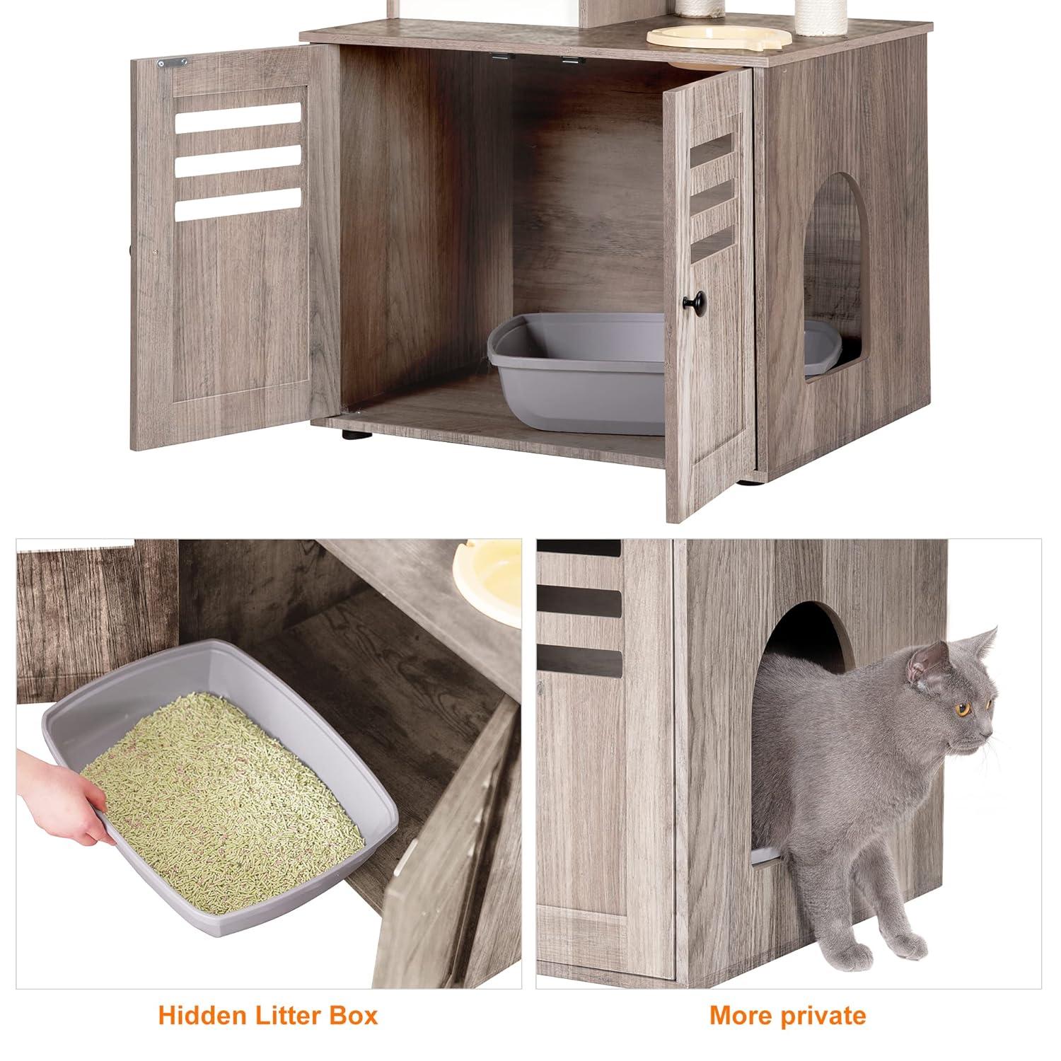Wood Litter Box Enclosure with Food Station, All-in-one Indoor Cat Furniture with Large Platform and Condo