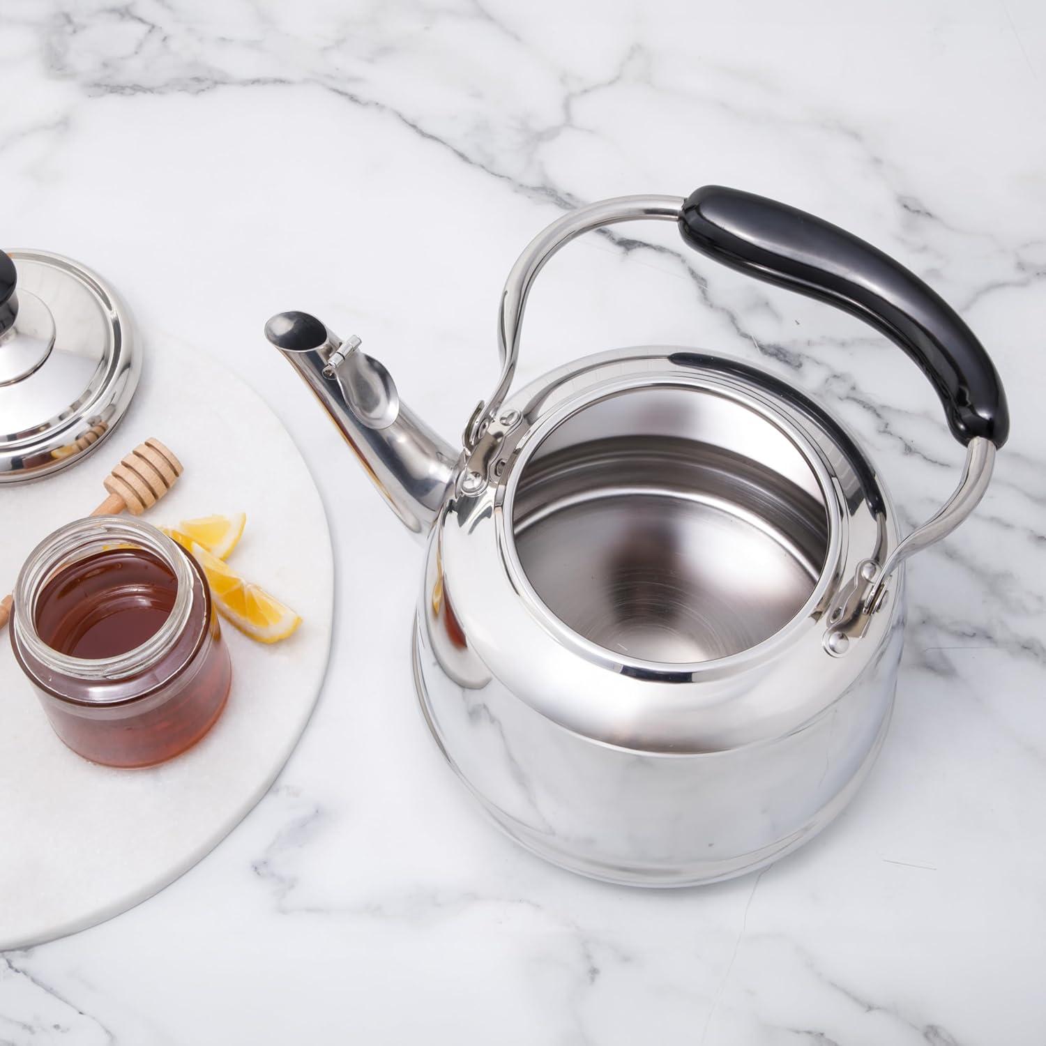 Large Stainless Steel Whistling Tea Kettle with Black Handle