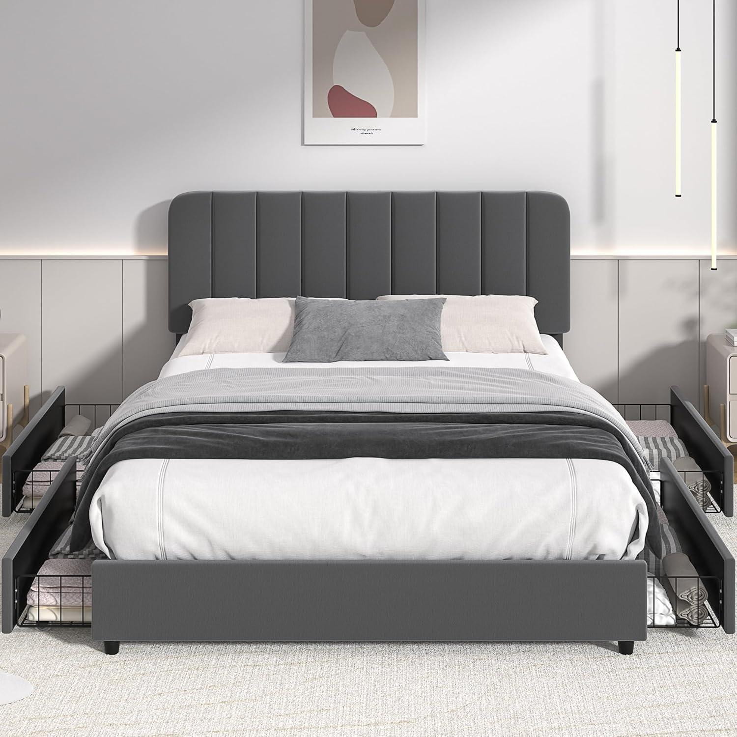 Queen Size Gray Velvet Upholstered Bed Frame with Storage Drawers