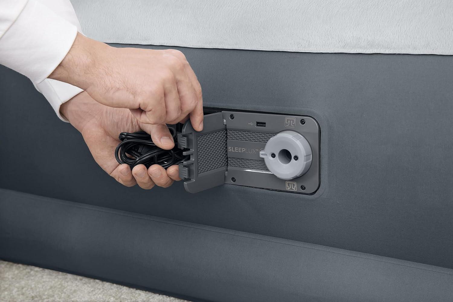 SleepLux Queen Air Mattress with Headboard | Supersoft Snugable Top, Extra Durable Tough Guard | Raised Airbed with Built in Pump + USB Charger (90"x60"x29") Grey