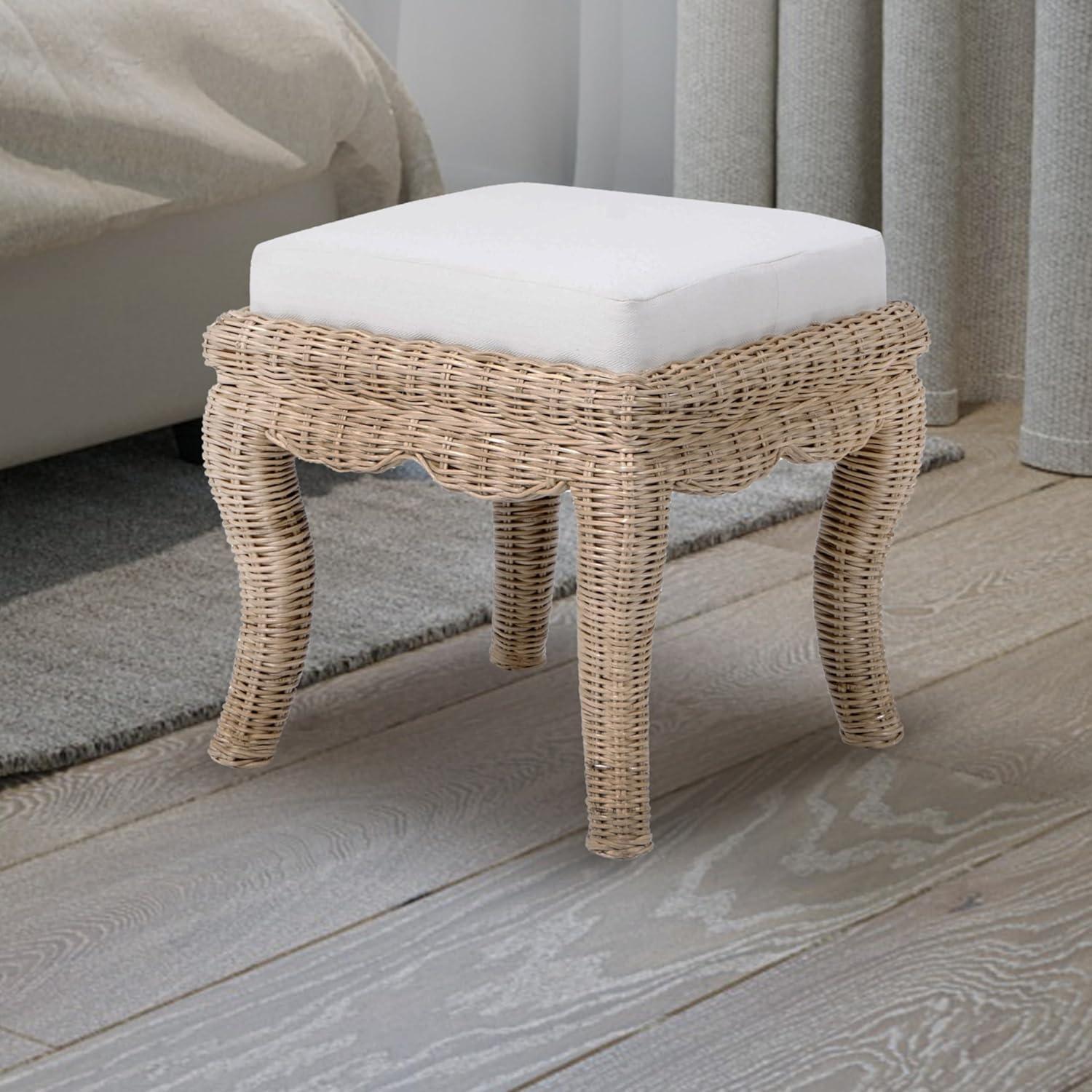JONATHAN Y Rowan 19.7" Bohemian Designer Woven Rattan/Wood Vanity Stool, White Cushion with Natural Frame