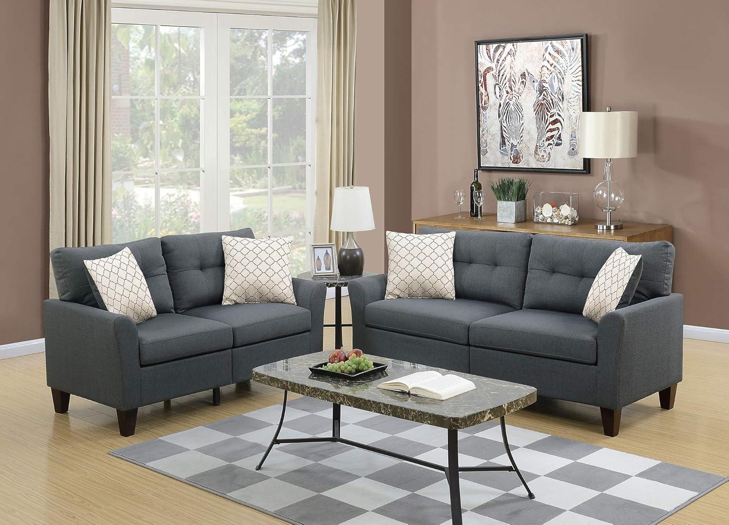 Glossy Polyfiber 2 Piece Sofa Set In Charcoal Gray- Saltoro Sherpi