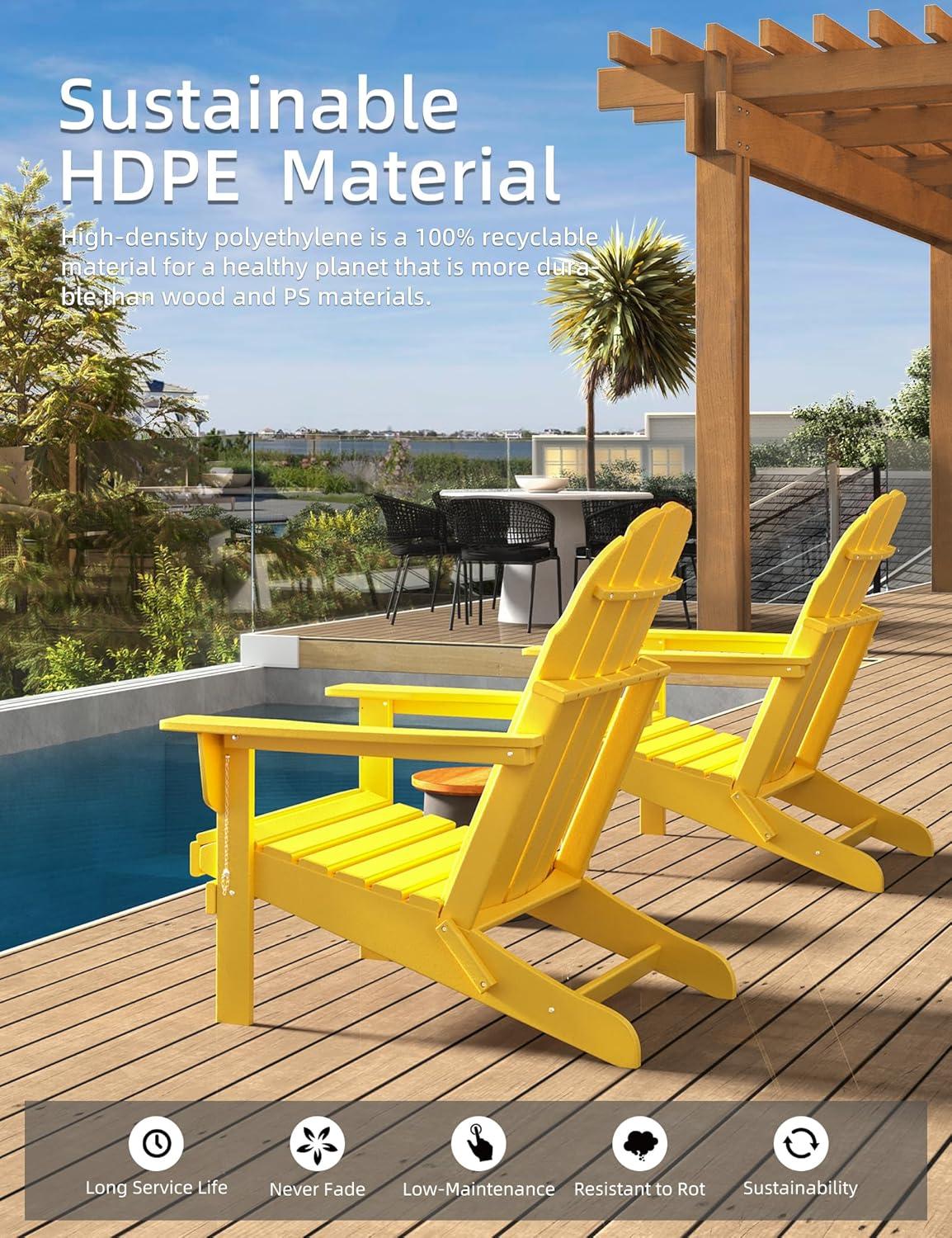 Folding Adirondack Chair - Durable HDPE Poly Lumber All-Weather Resistant, Foldable Oversized Balcony Porch Patio Outdoor Chair for Lawn, Backyard, Deck, Garden, Camping - Easy Installation, Yellow