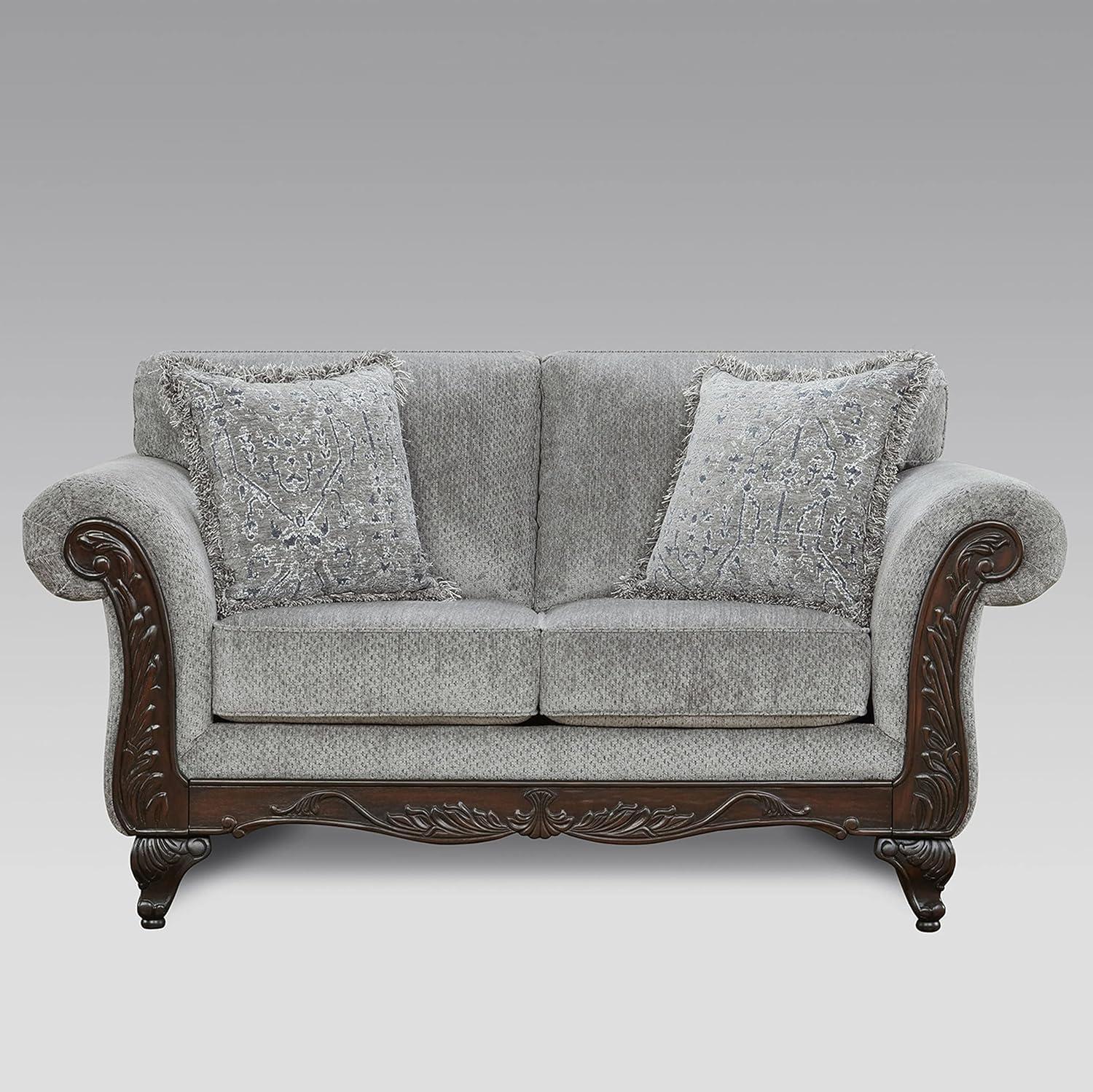 Roundhill Furniture Hernen Carved Wood Frame Polyester Sofa and Loveseat Set, Gray