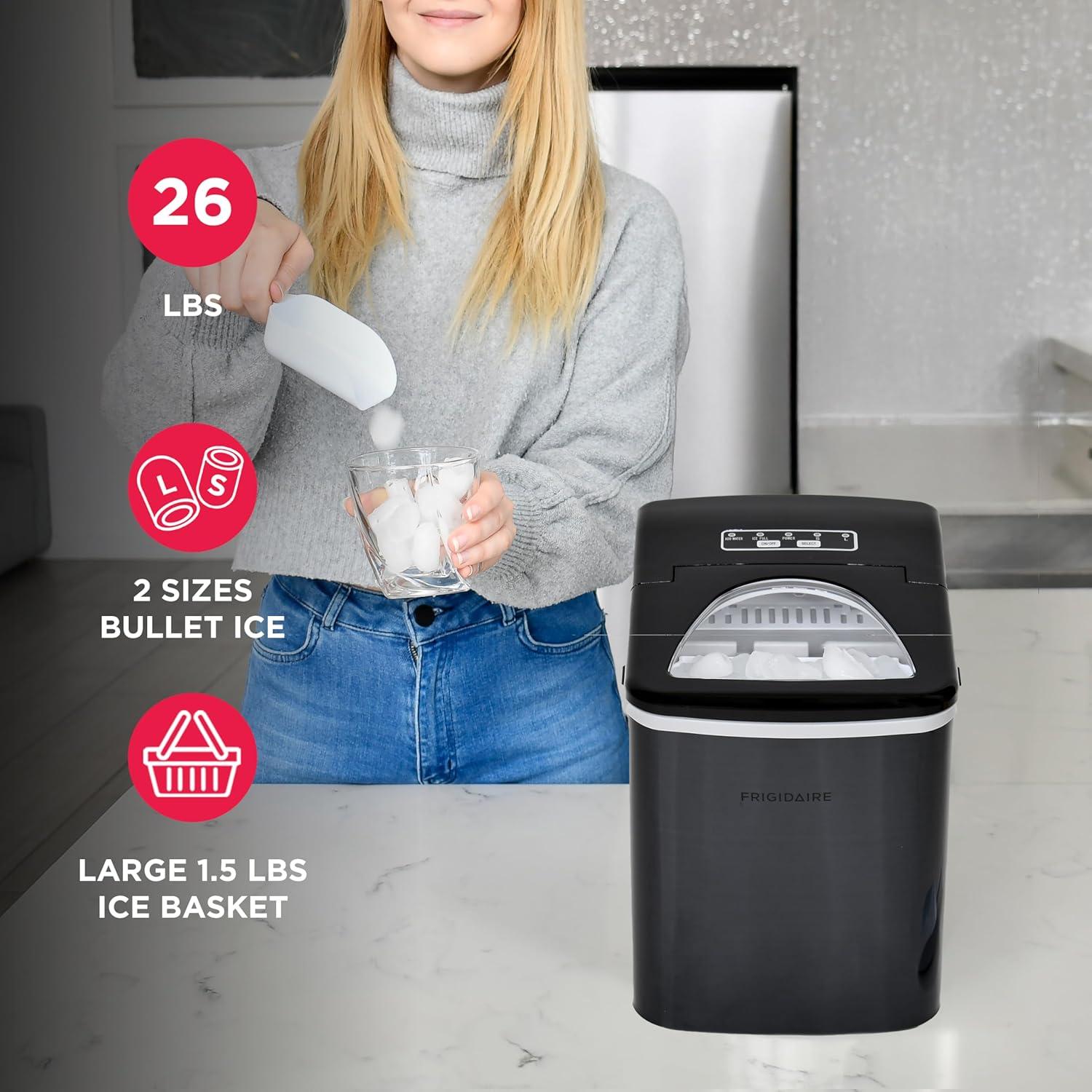 Frigidaire 26 Lbs per Day Portable Compact Maker, Ice Making Machine, Black Stainless, Medium
