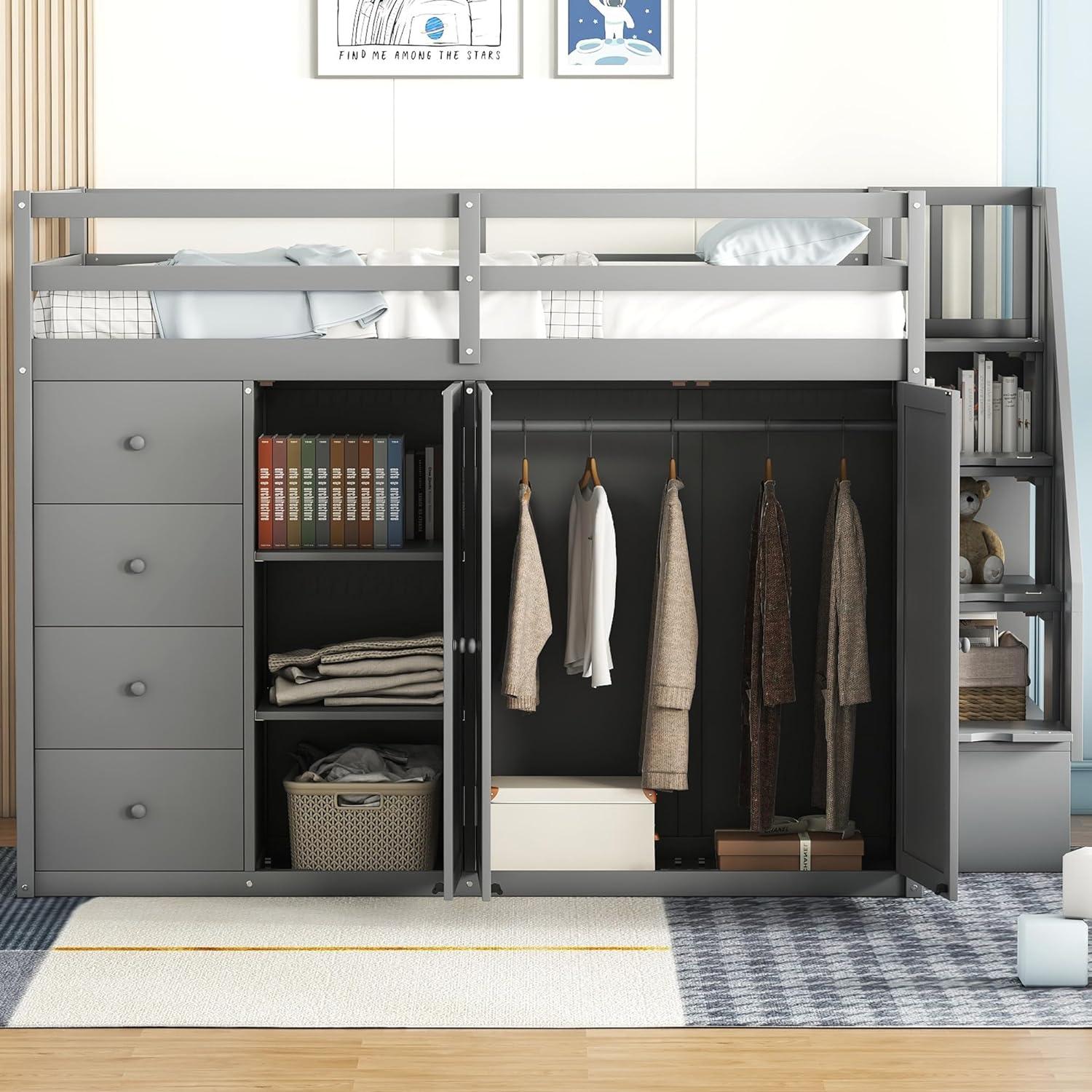 Quarte Multifunctional Loft Bed, Full Size Loft Bed with Built-in Wardrobes, Cabinets and Drawers for Kids Teens Adults, No Box Spring Required (Gray/Pine3, Full)