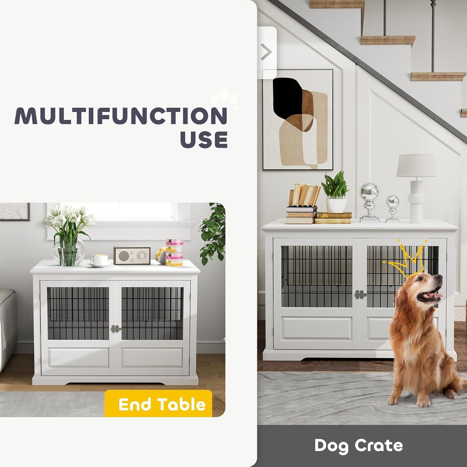 PawHut Dog Crate Furniture, 43" Dog Kennel End Table with 3 Doors, Removable Tray, for Extra Large Medium Small Dogs, Indoor Use, White