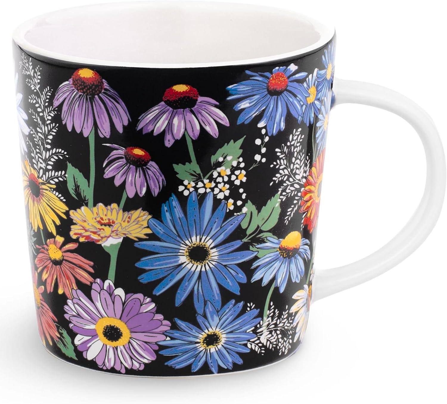 Floral Black Ceramic Mug with White Interior, 12 Ounces