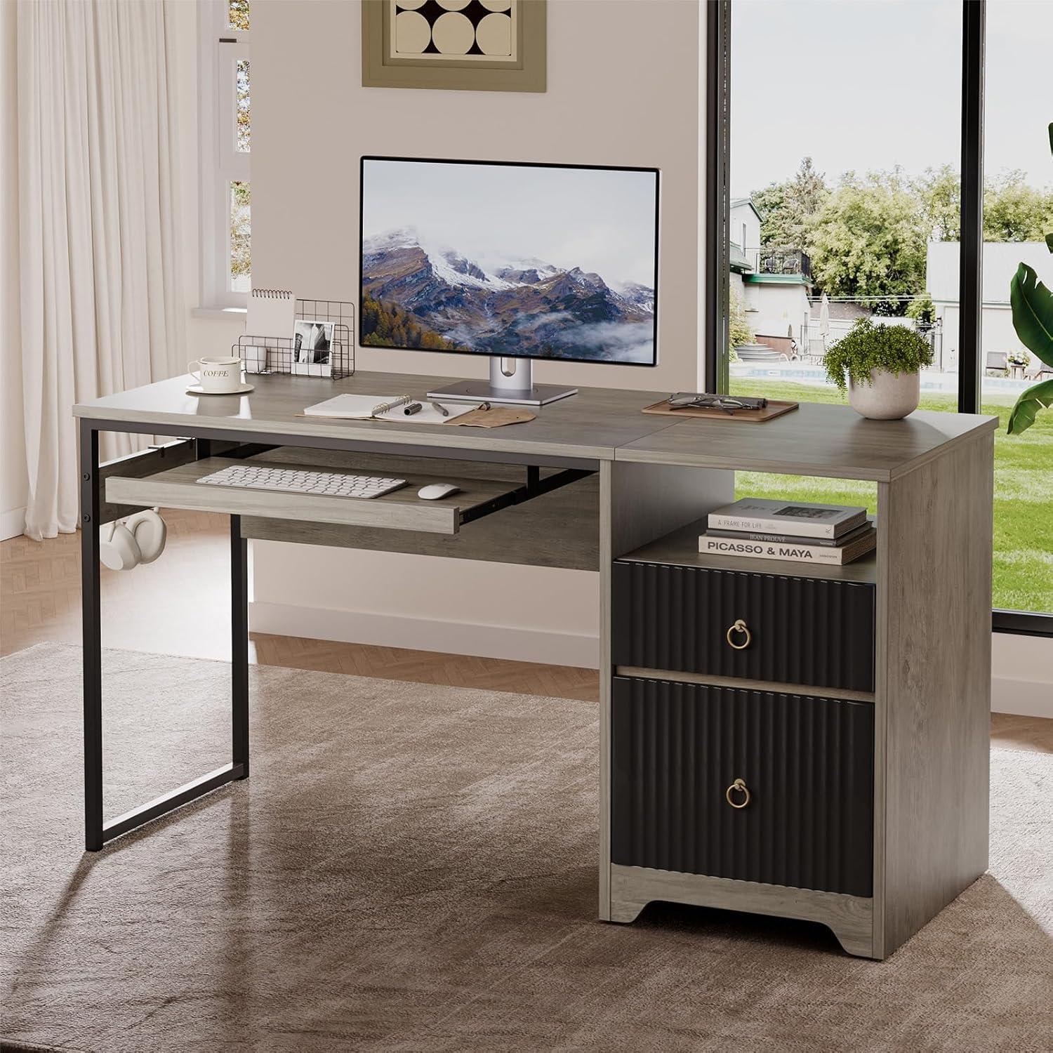 Bestier 55 inch Computer Desk with Drawers & Keyboard Tray & File Cabinet Home Office Desk in Grey