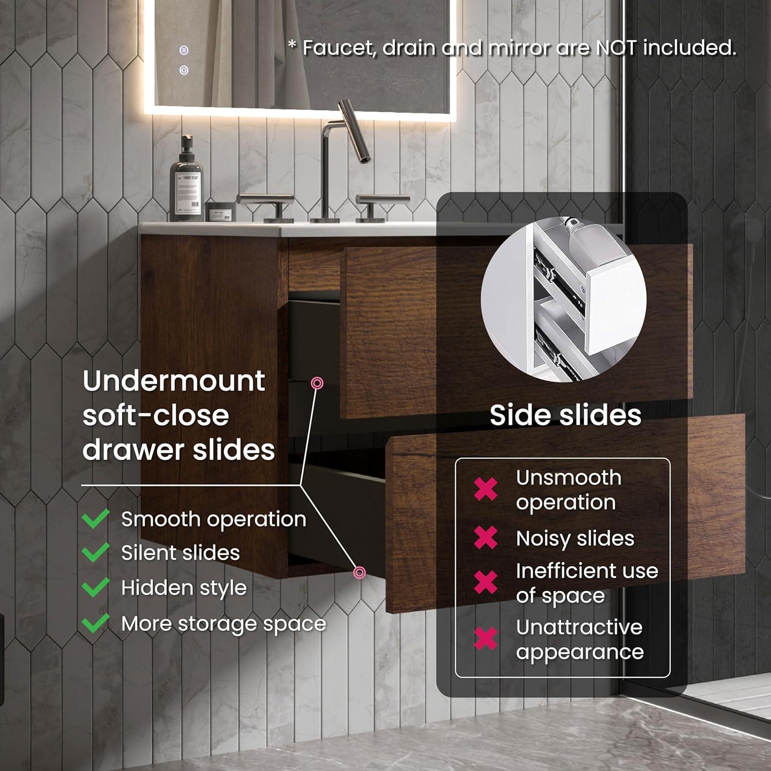 CITTANEO 24" Floating Modern Bathroom Vanity with 3-Hole Ceramic Sink in Walnut