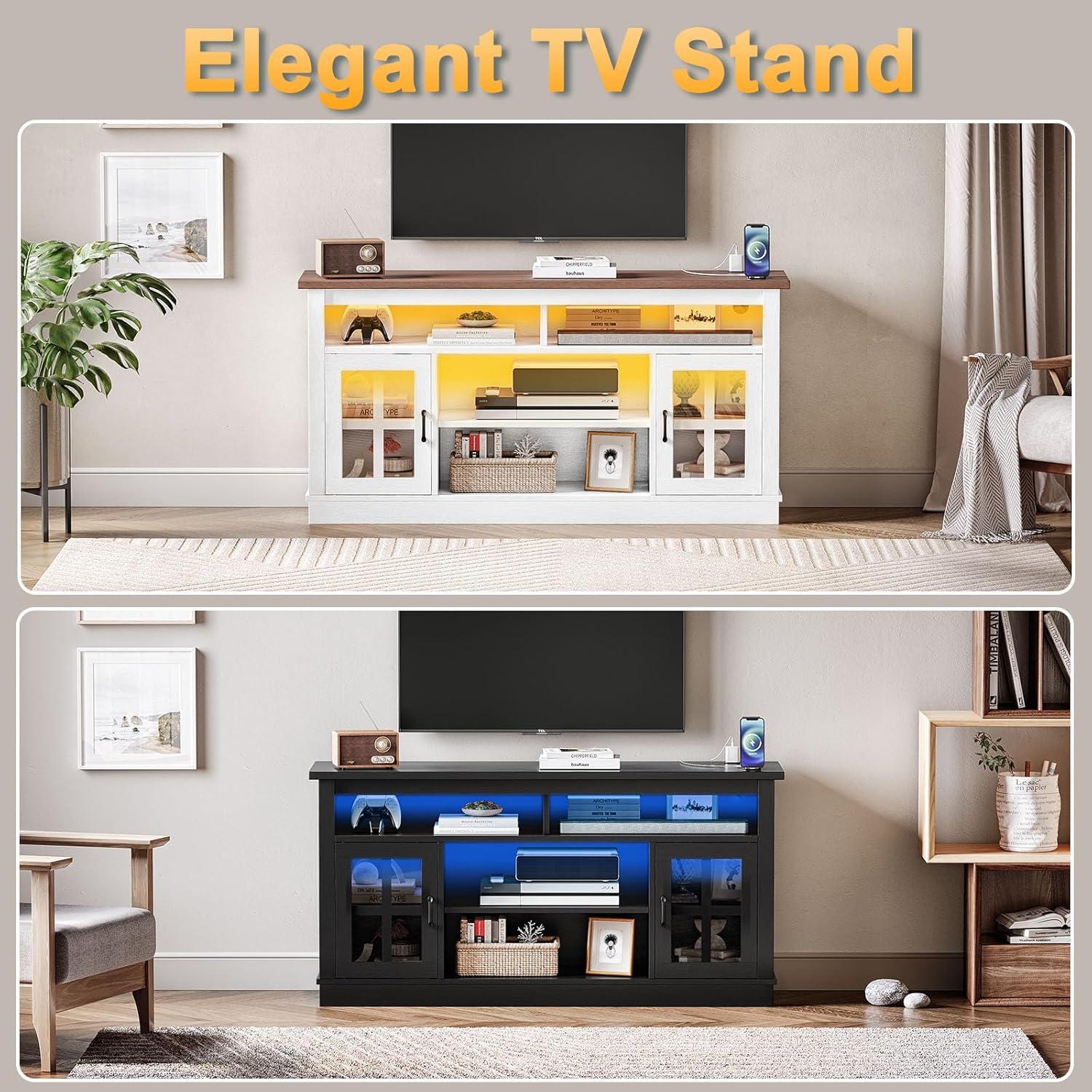 TV Stand for 65 Inch TVs,Farmhouse Entertainment Center with LED Lights and Charging Station,TV Cabinet/Console Table with Adjustable Shelves and Glass Doors for Living Room White+Walnut
