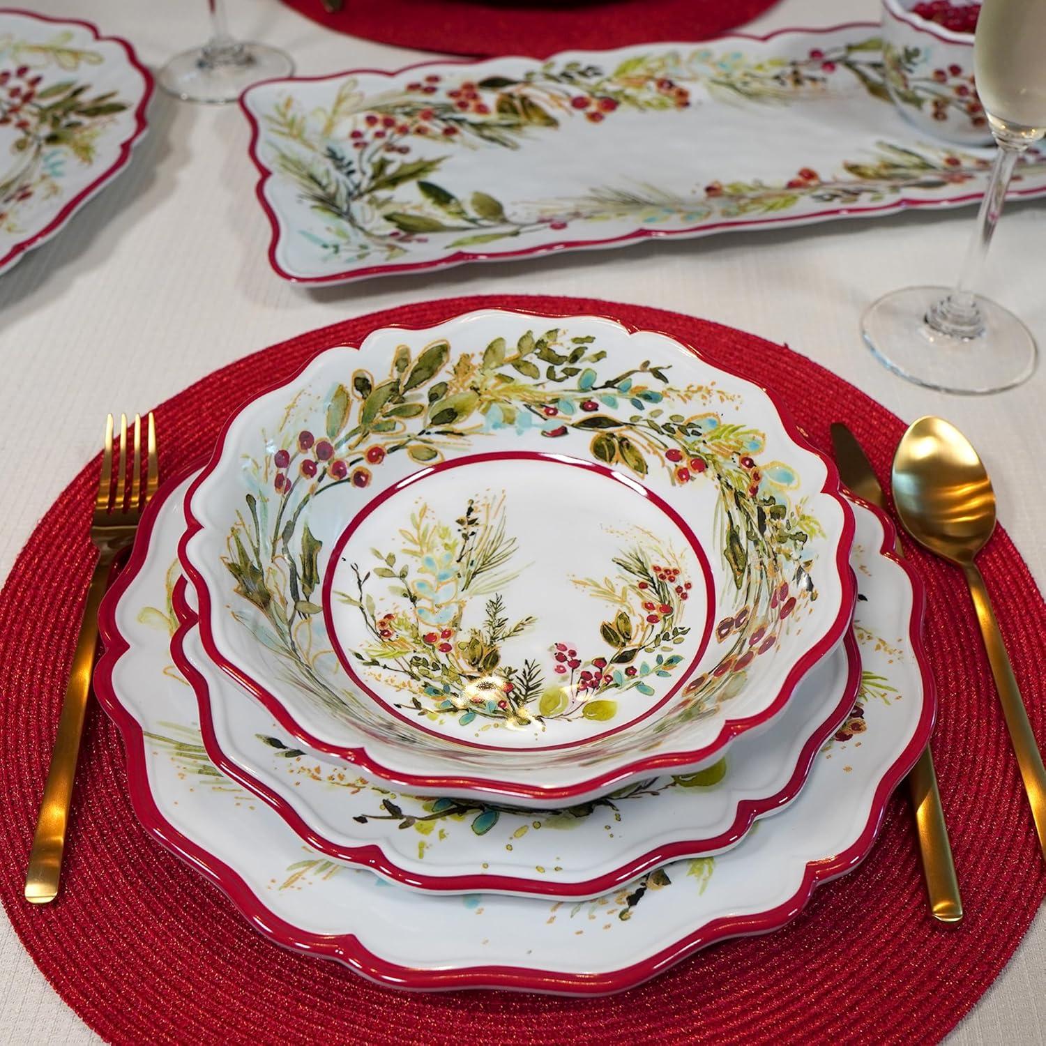 Christmas Gatherings 12pc Melamine Dware Set 4-Dinner Plate 11" 4-Salad Plate 9" 4-Bowl 8.5" x 2"