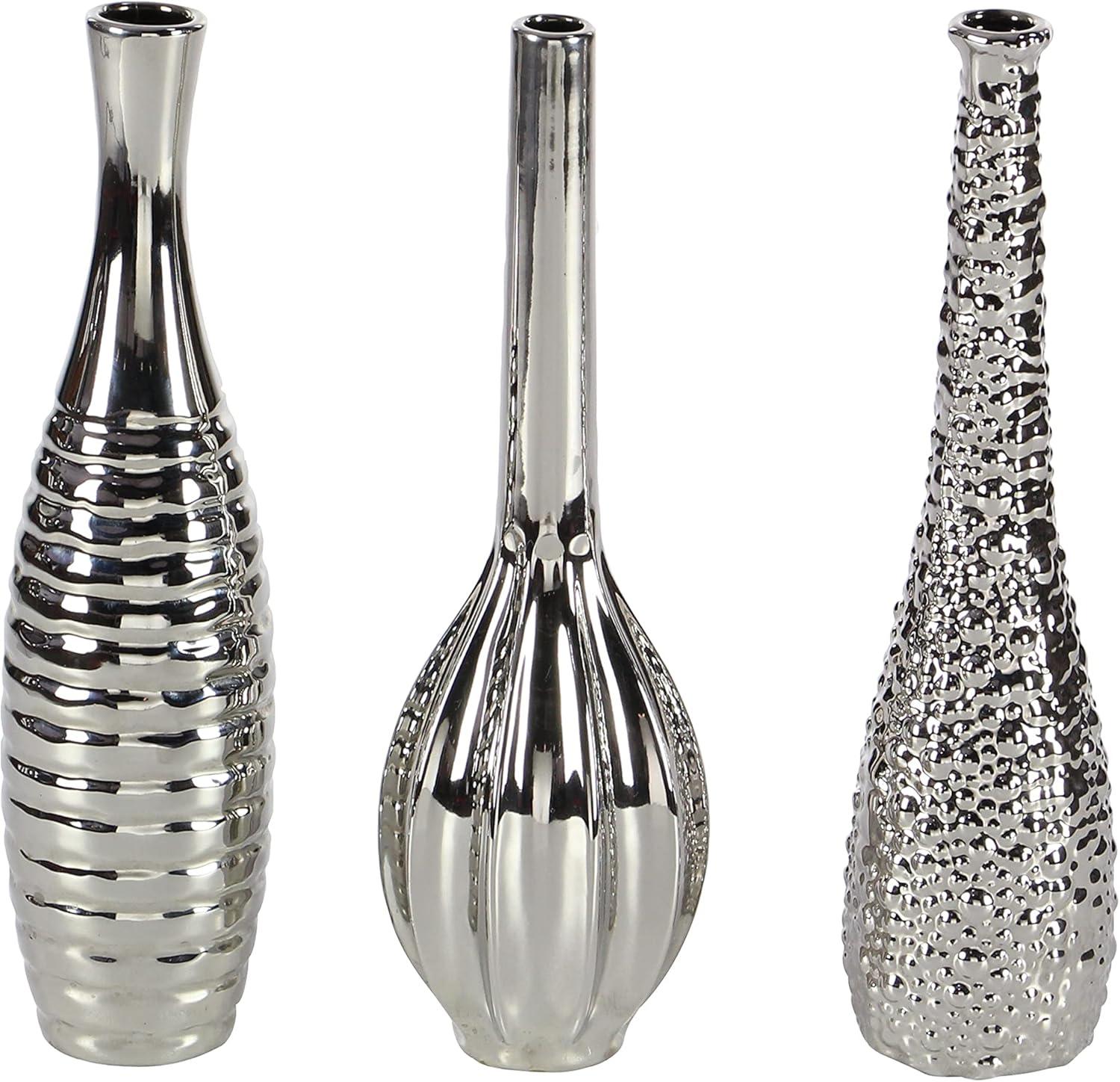 Elegant Trio Silver Ceramic Vase Set with Textured Finish