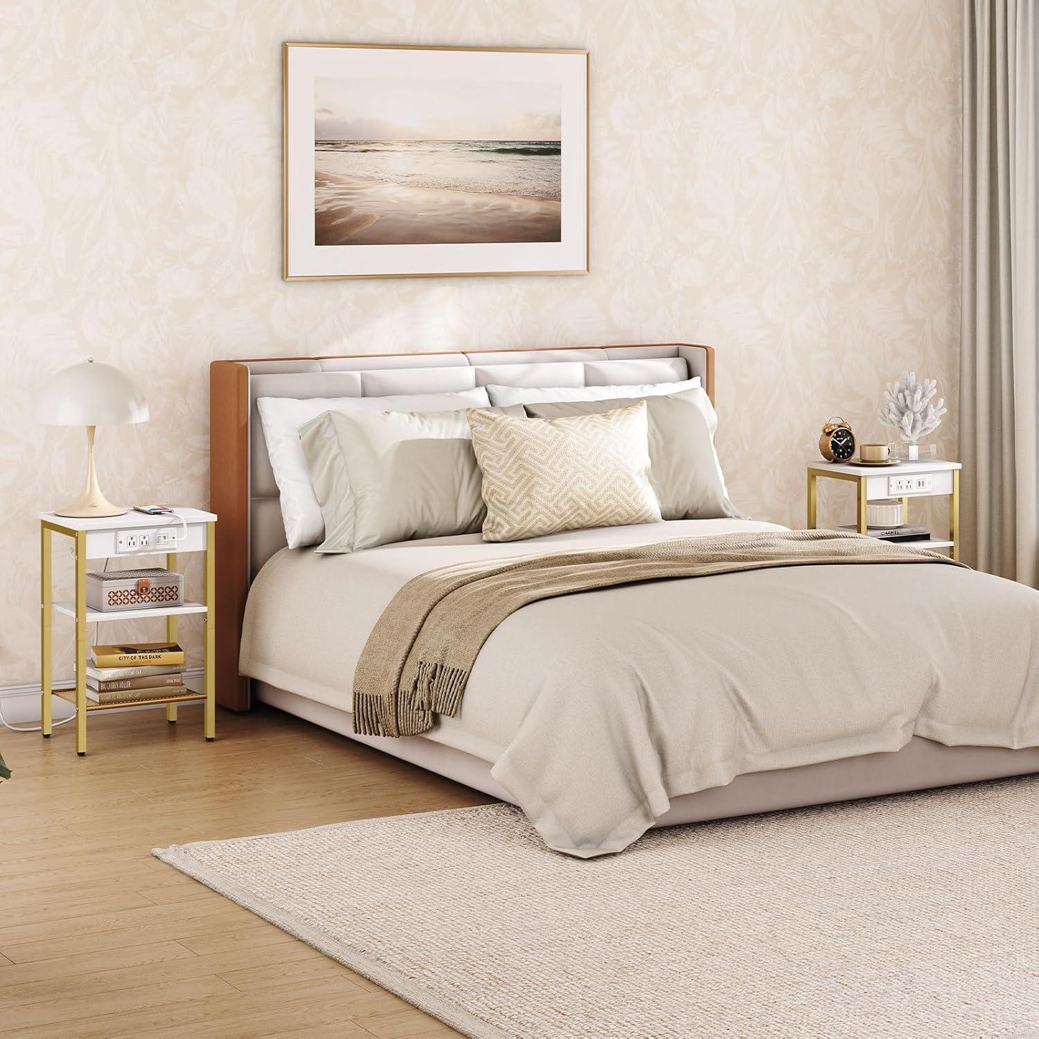 End Tables Set of 2 with Charging Station and USB Ports, 3-Tier Nightstands with Adjustable Shelves, Small Side Tables for Small Space in Living Room, Bedroom, White and Gold DW112BZP201G1