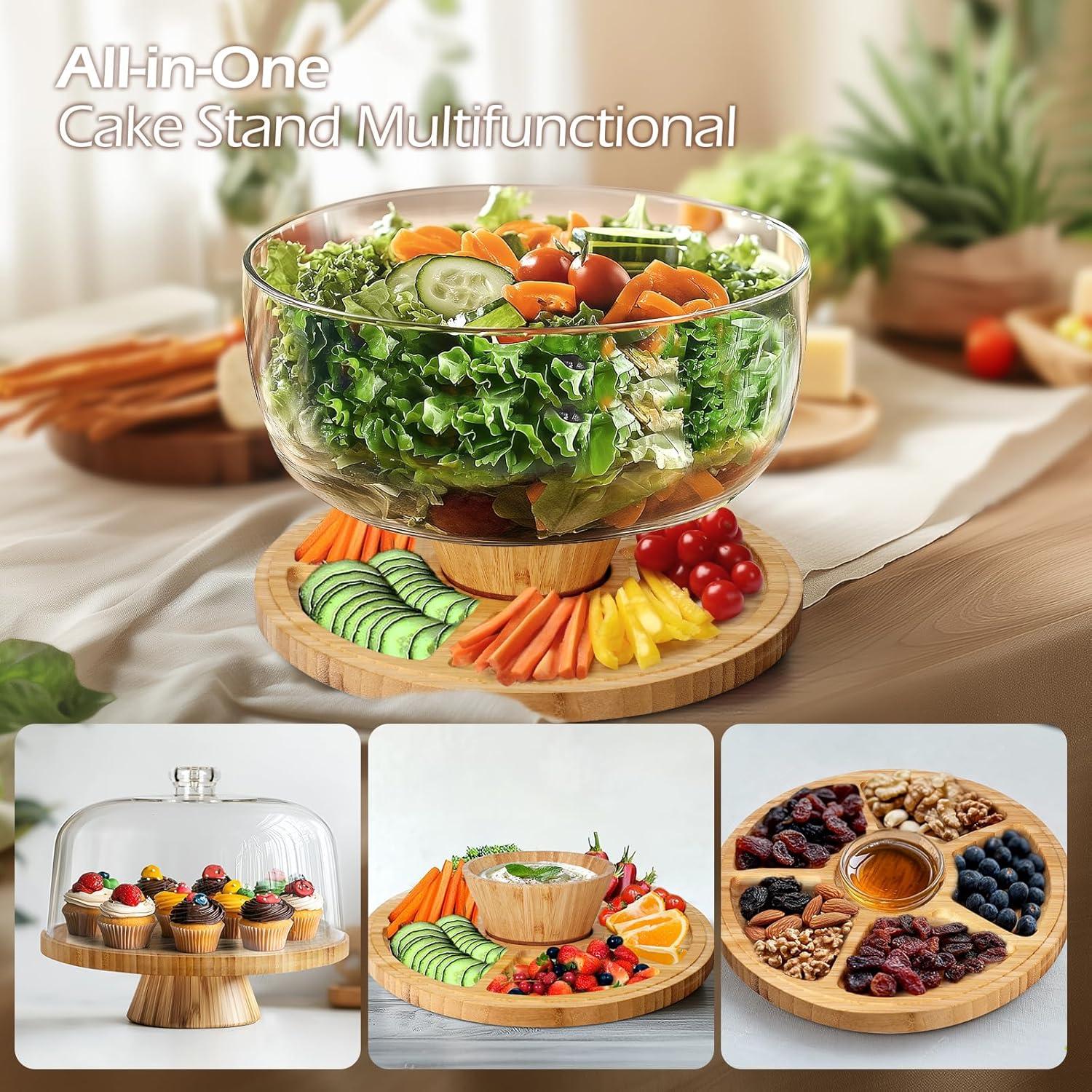 MASTERTOP Cake Stand with Dome Cover - 6 in 1 Cake Stand with Lid, Multi-Functional Wood Serving Platter/Cake Plate/Salad Bowl/Nachos/Punch Bowl, Wedding Cake Stands for Dessert Table