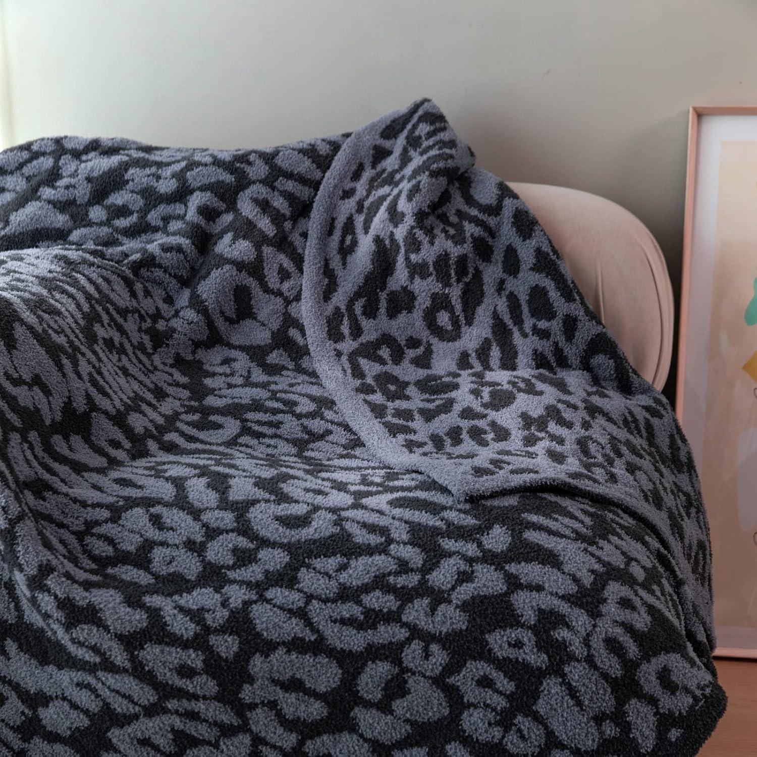 Ultra Soft Dark Blue and Charcoal Grey Reversible Leopard Print Throw Blanket