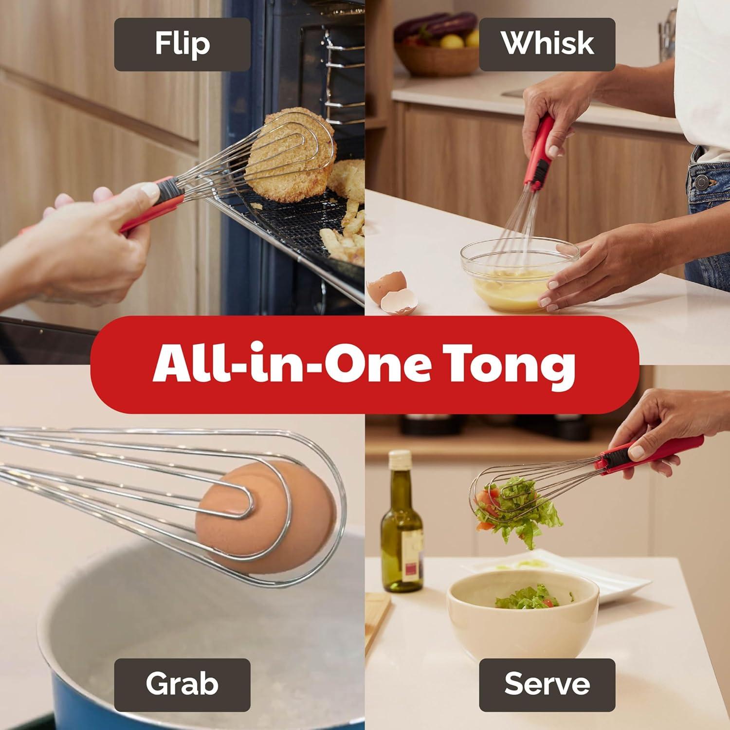 Cooks Innovations Foodie Tongs for Cooking - Dishwasher Safe 6-In-1 Kitchen Gadget - Red