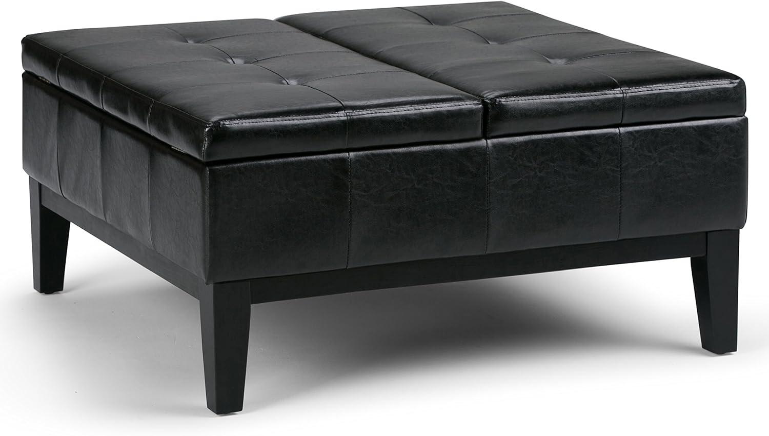 Midnight Black Tufted Faux Leather Cocktail Storage Ottoman
